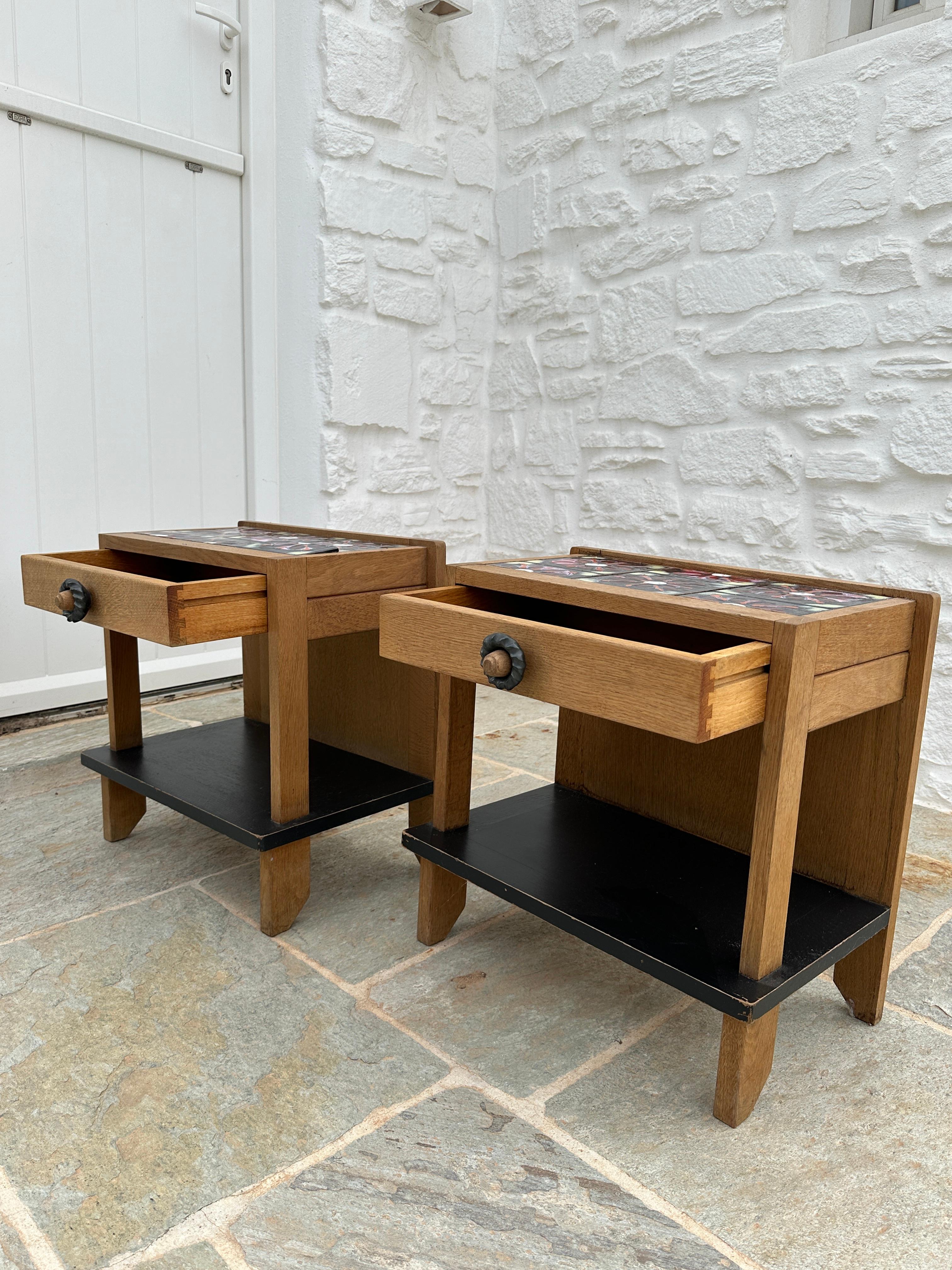 Guillerme & Chambron Bedside Table a Pair Oak and Ceramic, France, 1960 For Sale 7