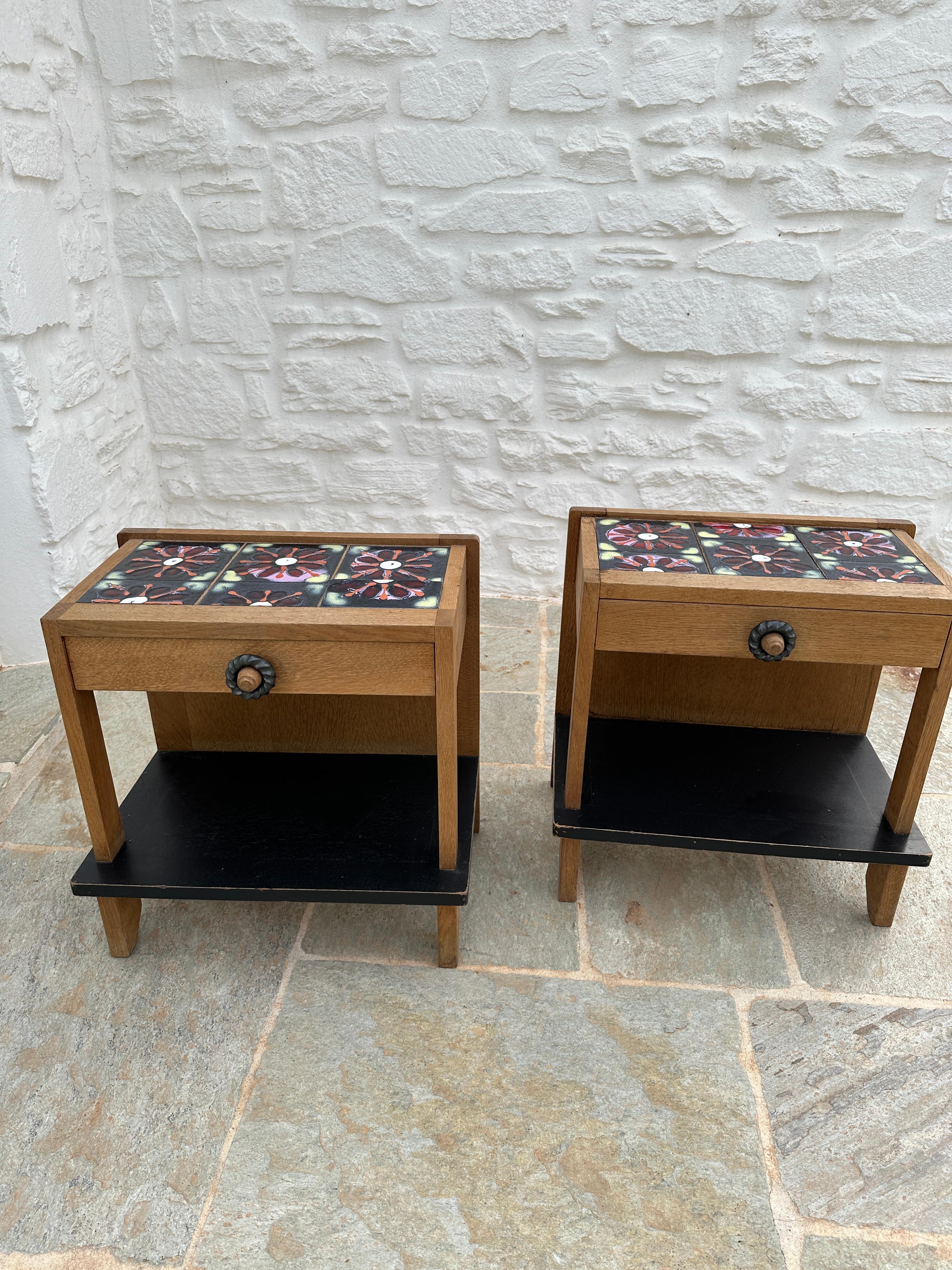 20th Century Guillerme & Chambron Bedside Table a Pair Oak and Ceramic, France, 1960 For Sale