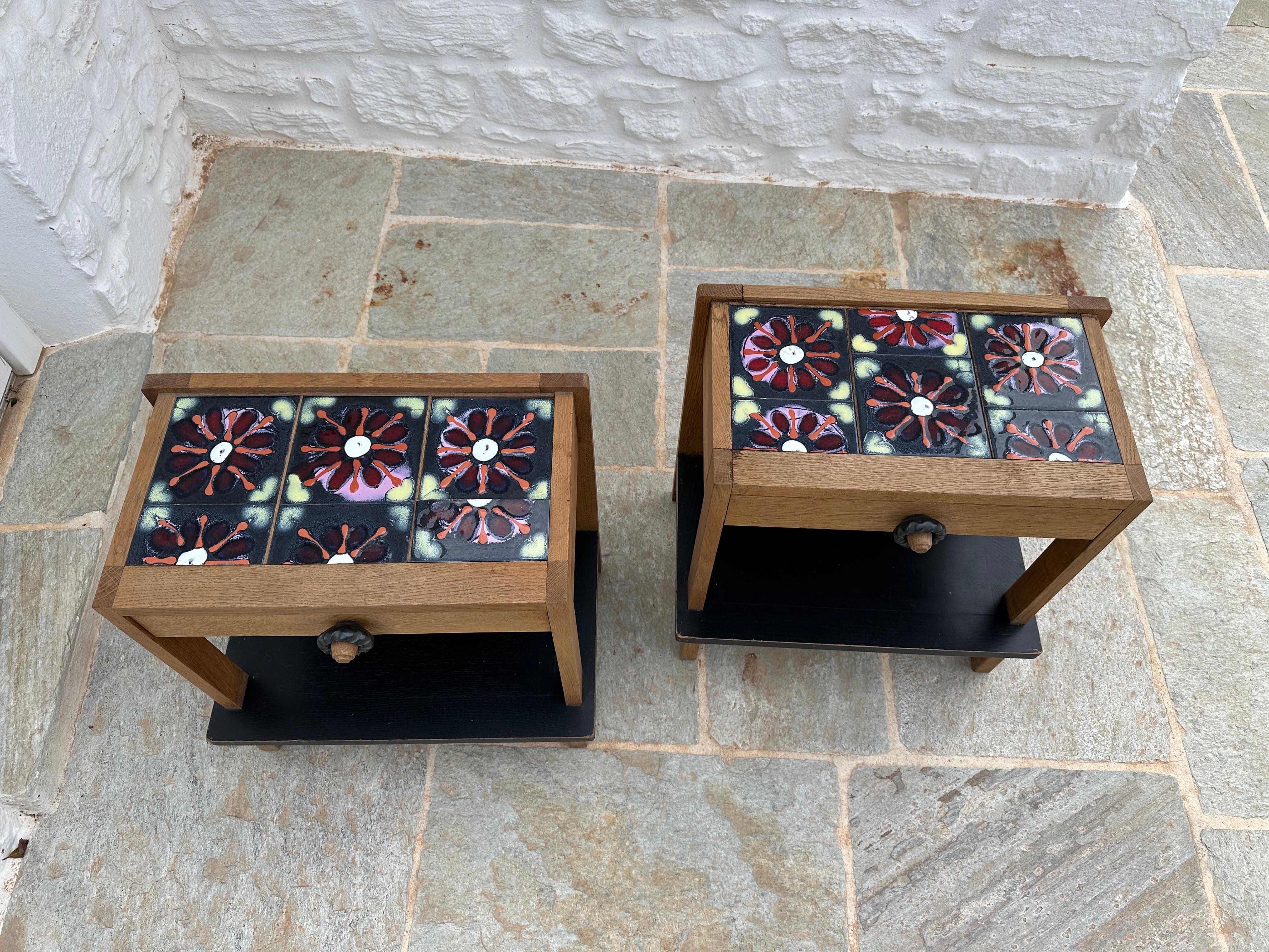 Guillerme & Chambron Bedside Table a Pair Oak and Ceramic, France, 1960 For Sale 1