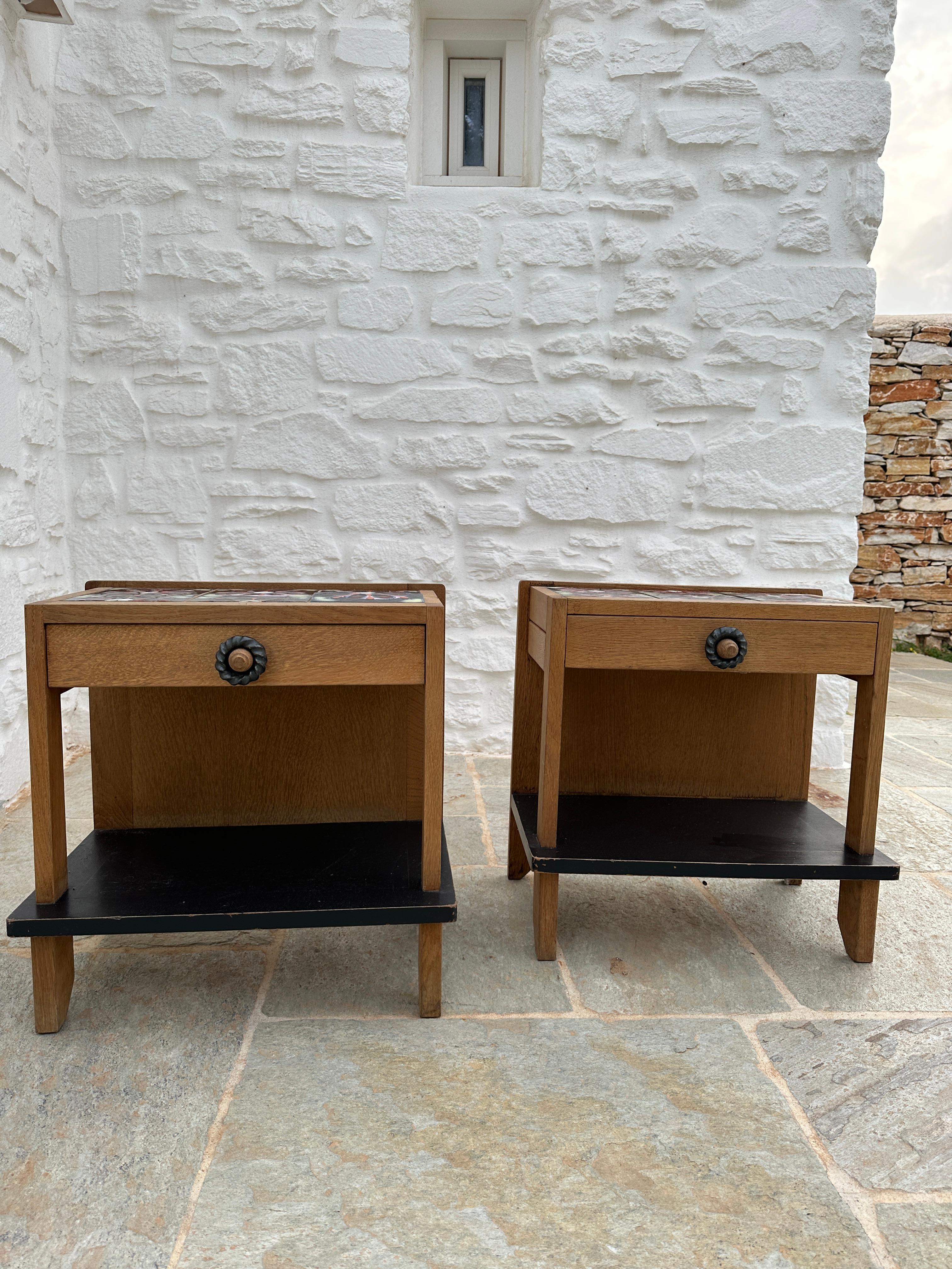 Guillerme & Chambron Bedside Table a Pair Oak and Ceramic, France, 1960 For Sale 2