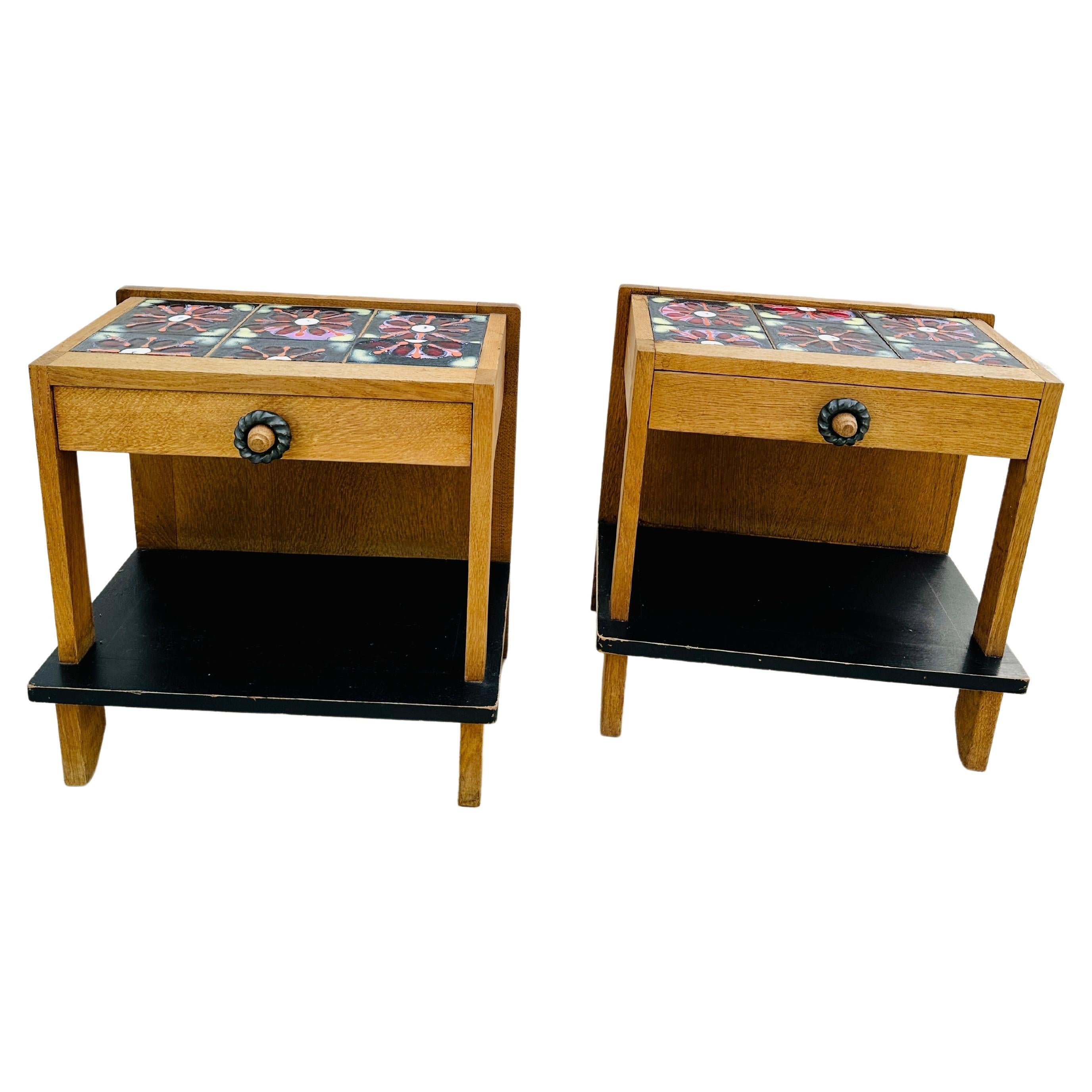 Guillerme & Chambron Bedside Table a Pair Oak and Ceramic, France, 1960 For Sale