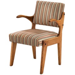 Vintage Guillerme & Chambron 'Bridge Etudiant' Oak Armchair Colorful Striped Fabric
