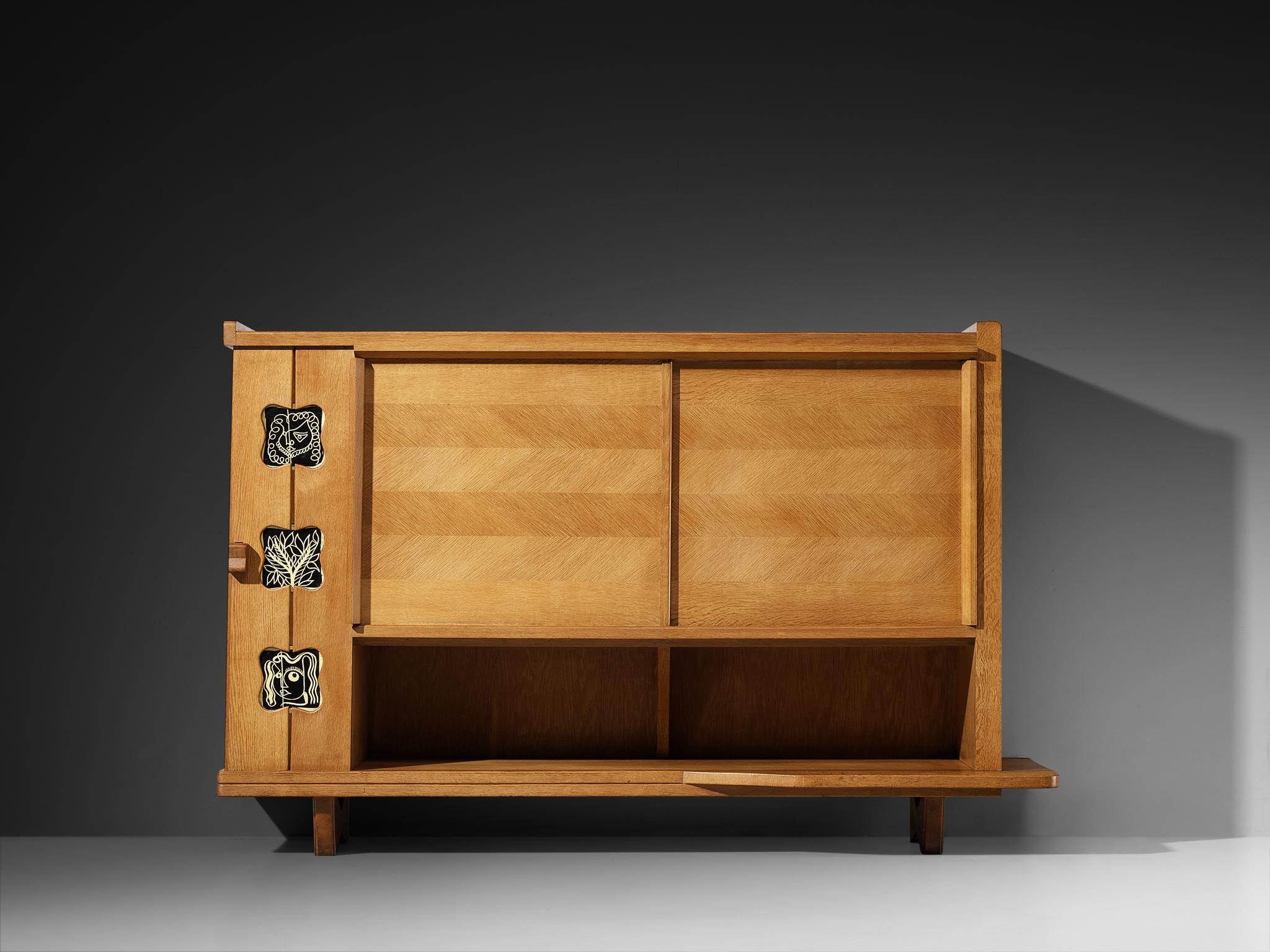 Mid-Century Modern Guillerme & Chambron Buffet in Oak with Ceramic Details For Sale