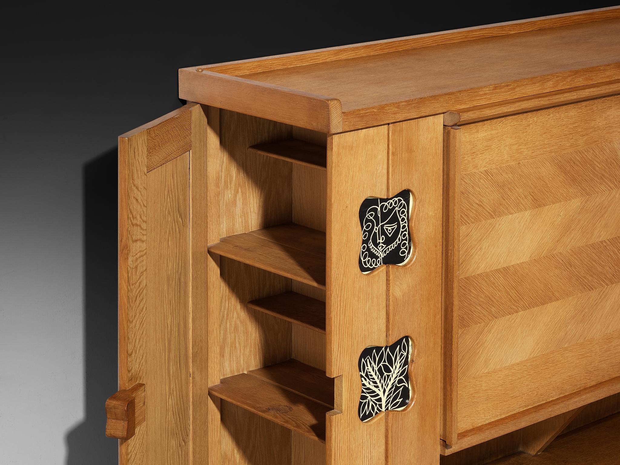 Mid-20th Century Guillerme & Chambron Buffet in Oak with Ceramic Details For Sale
