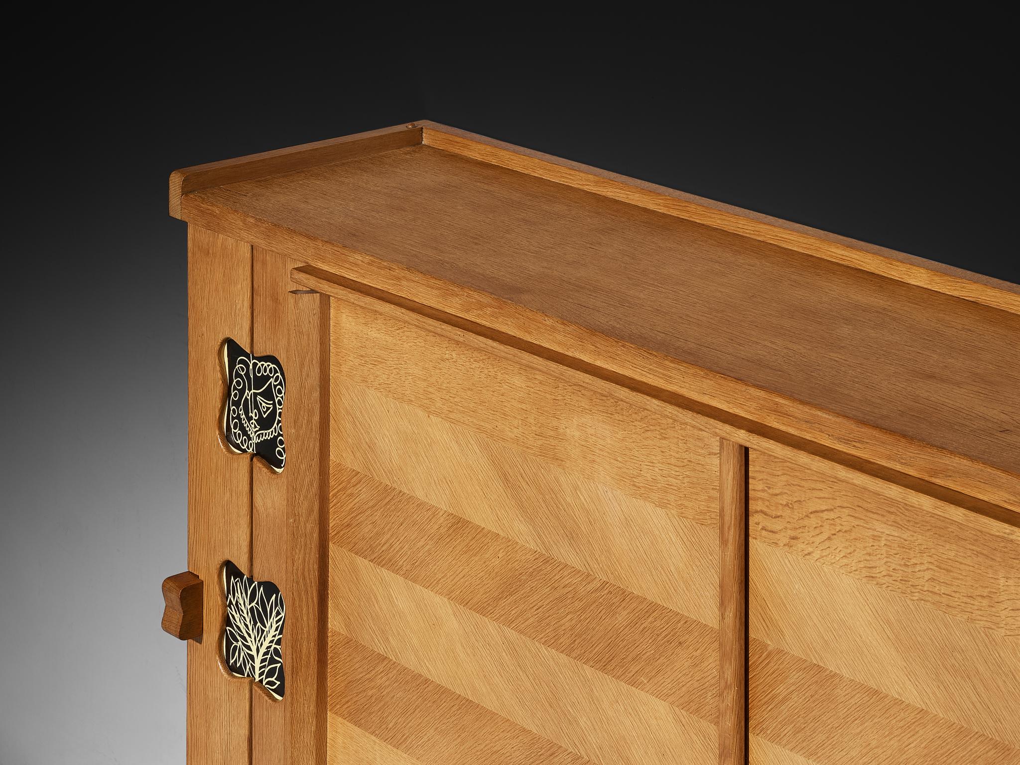 Leather Guillerme & Chambron Buffet in Oak with Ceramic Details For Sale