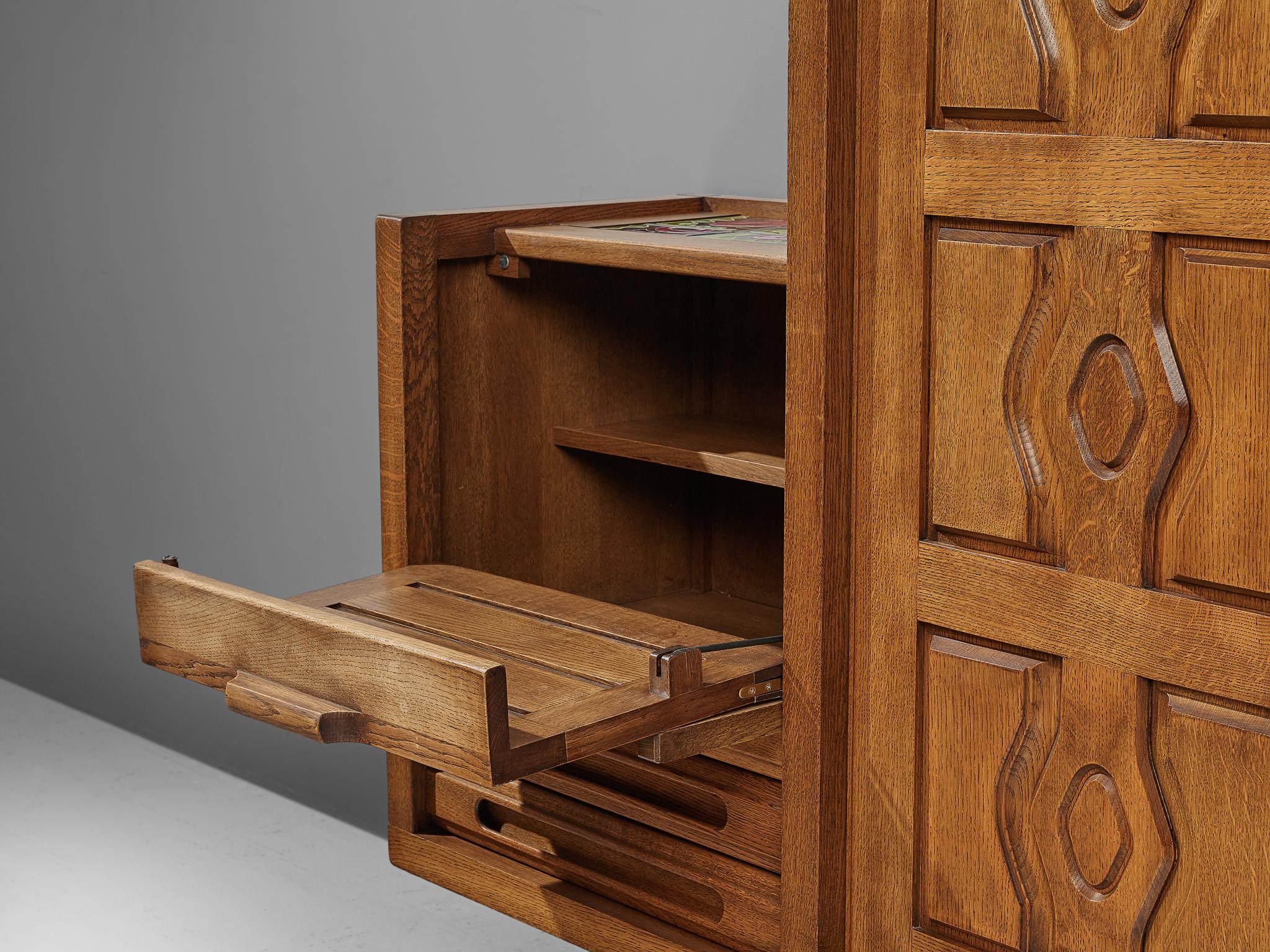Mid-Century Modern Guillerme & Chambron Cabinet 'Thierry' in Oak and Ceramic  For Sale
