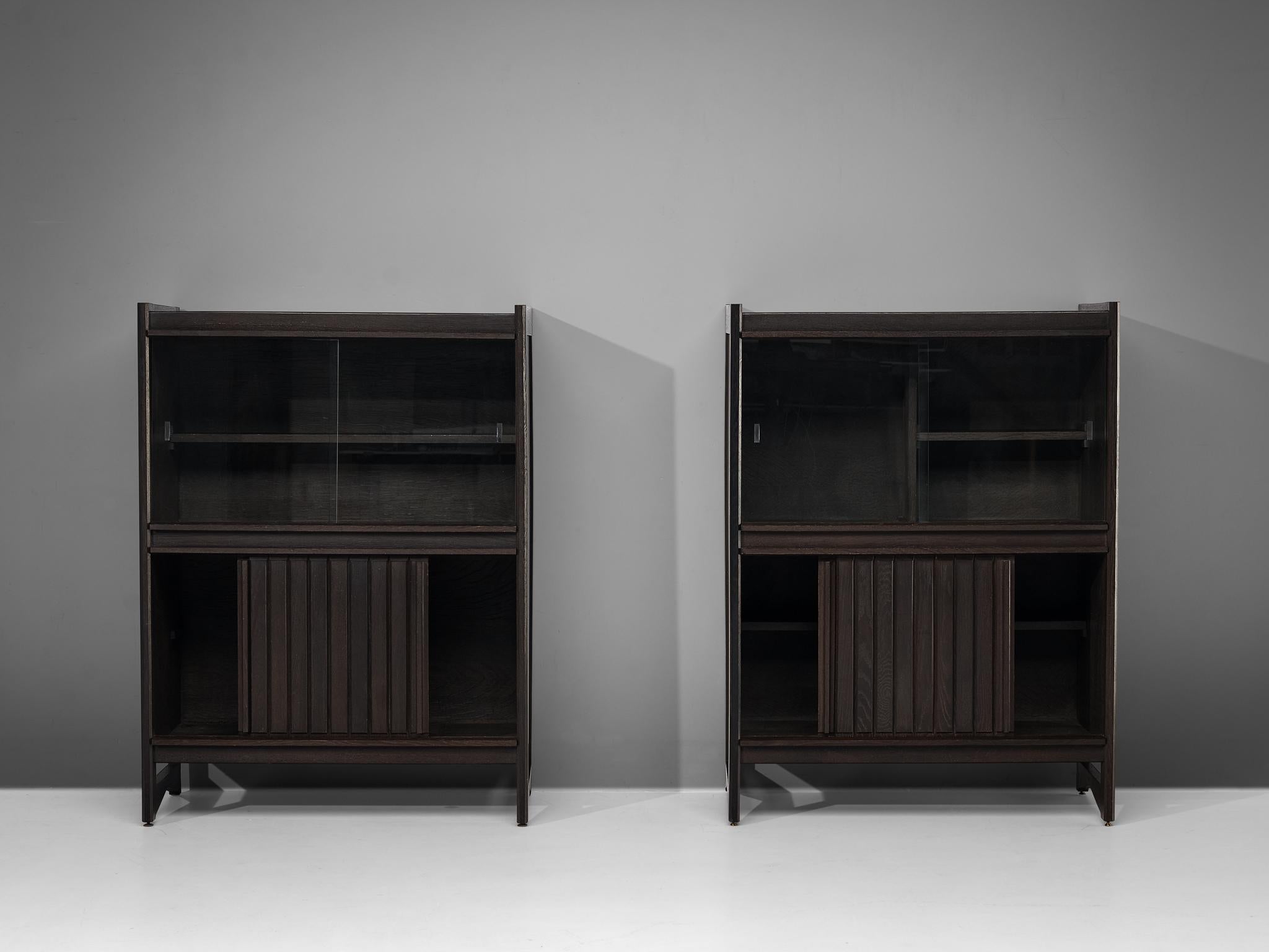 Glass Guillerme & Chambron Cabinets in Stained Oak  For Sale