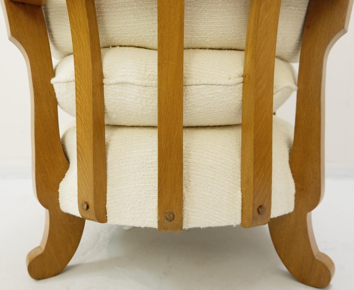 Wood Guillerme & Chambron Carved Oak High Back Armchair, New Upholstery