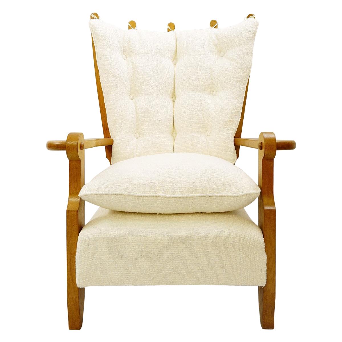Guillerme & Chambron Carved Oak High Back Armchair, New Upholstery