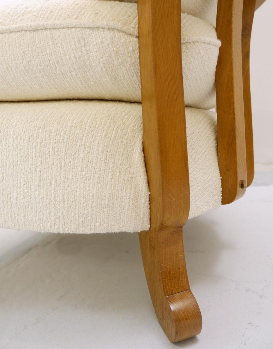 Mid-Century Modern Guillerme & Chambron Carved Oak High Back Armchair, New Upholstery