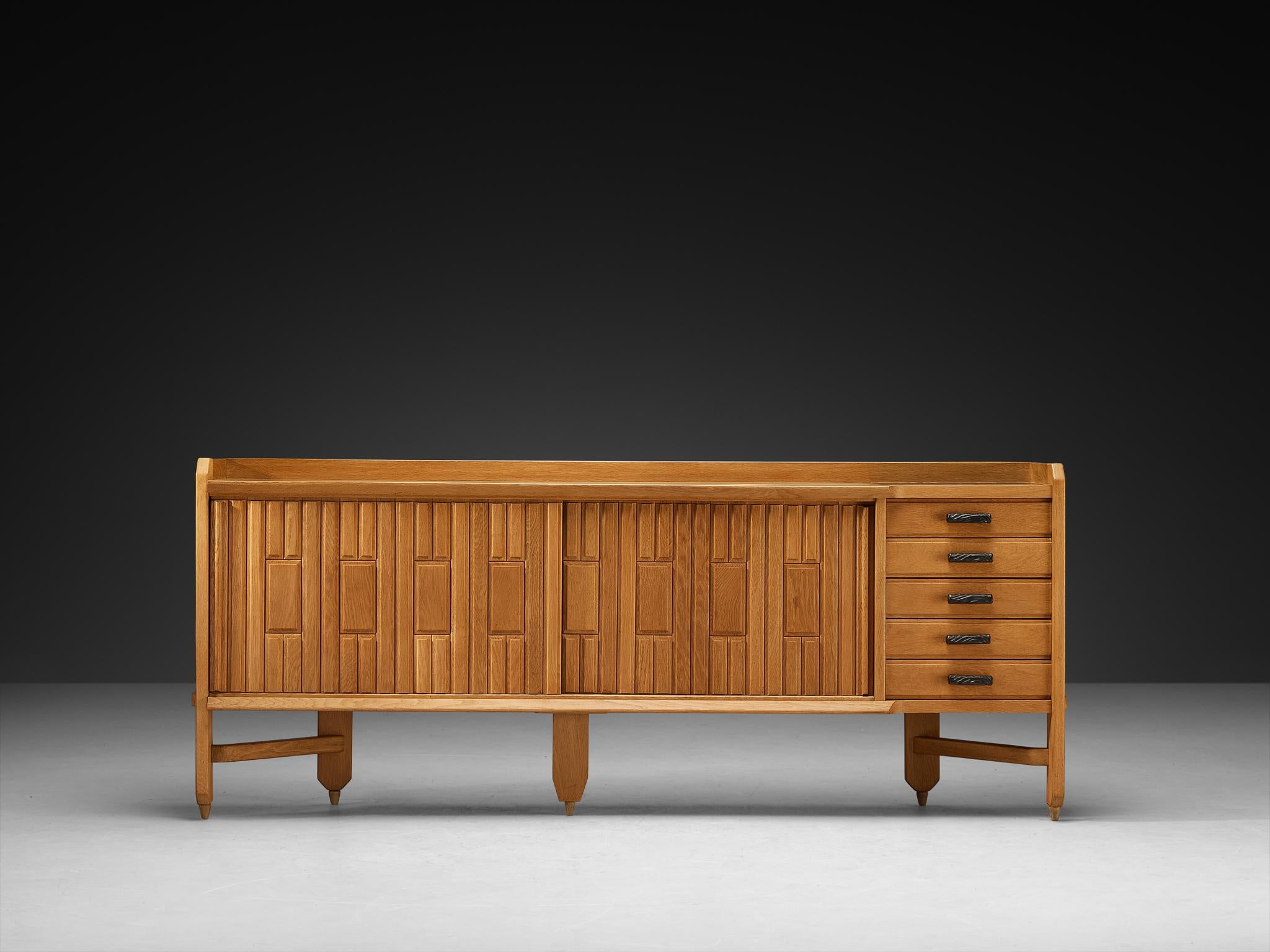 Guillerme & Chambron Carved Sideboard in Solid Oak and Ceramic (Mitte des 20. Jahrhunderts) im Angebot