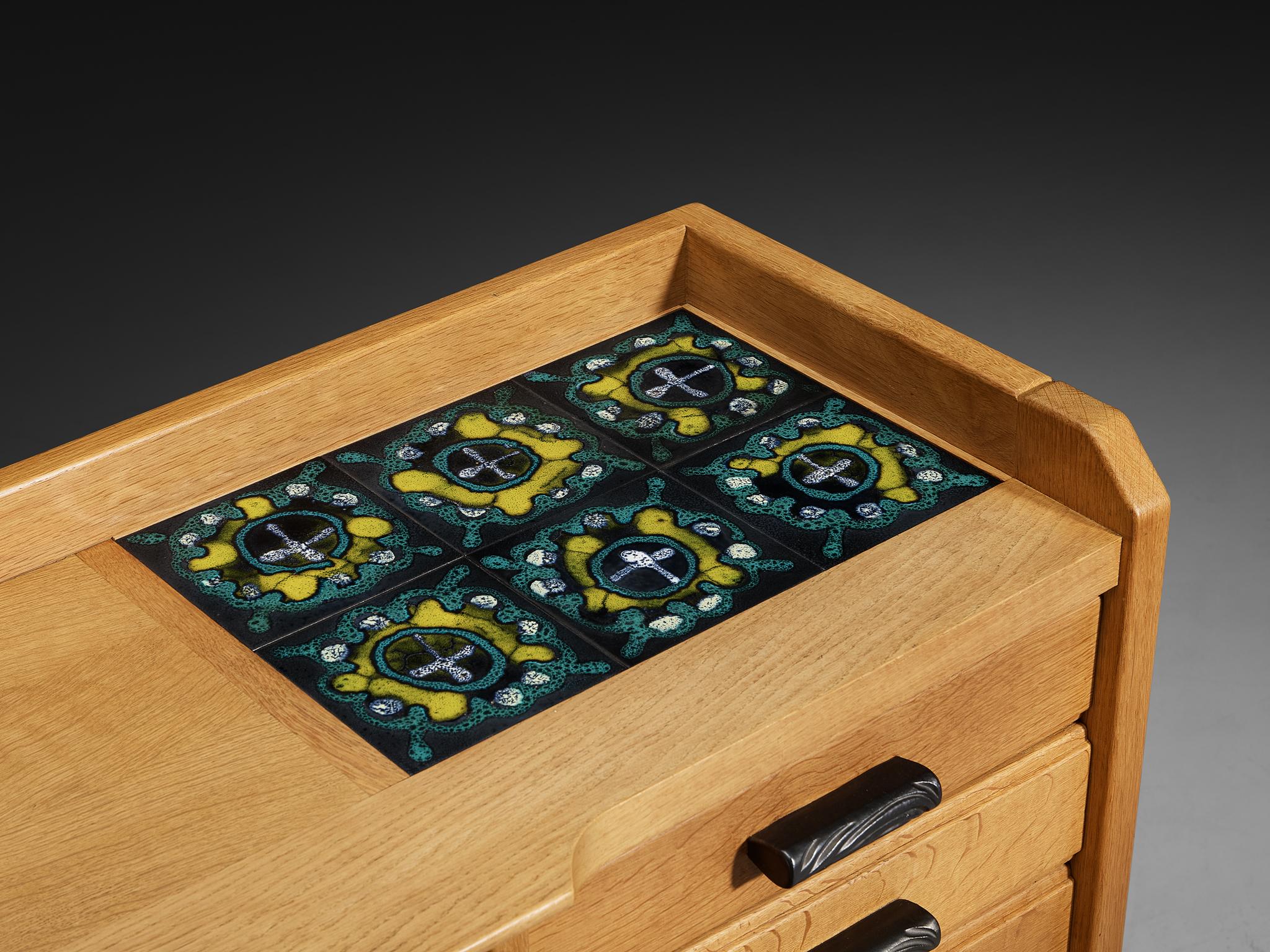 Guillerme & Chambron Carved Sideboard in Solid Oak and Ceramic in vendita 2