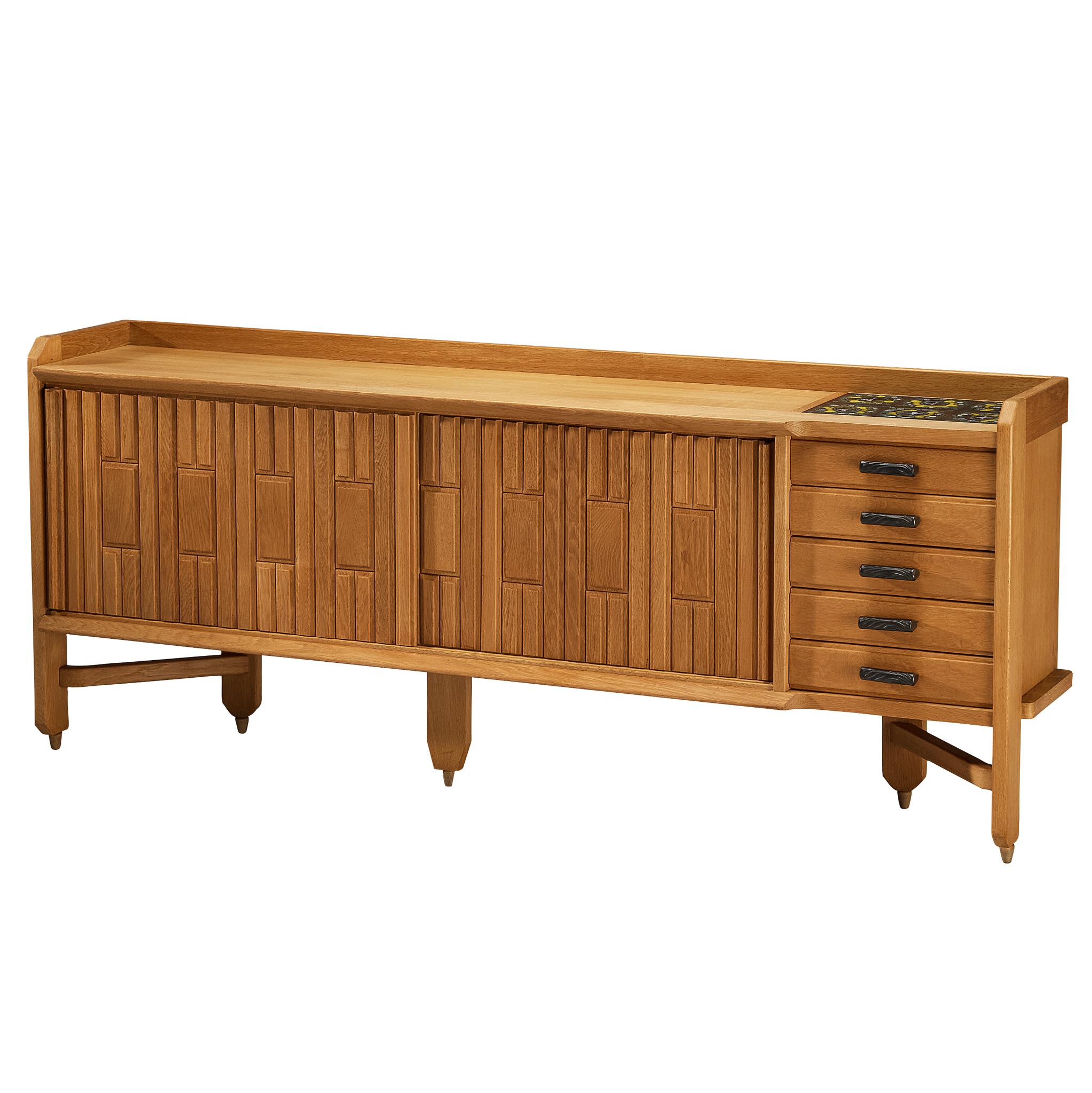 Guillerme & Chambron Carved Sideboard in Solid Oak and Ceramic in vendita