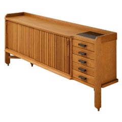 Guillerme & Chambron Carved Sideboard in Solid Oak and Ceramic