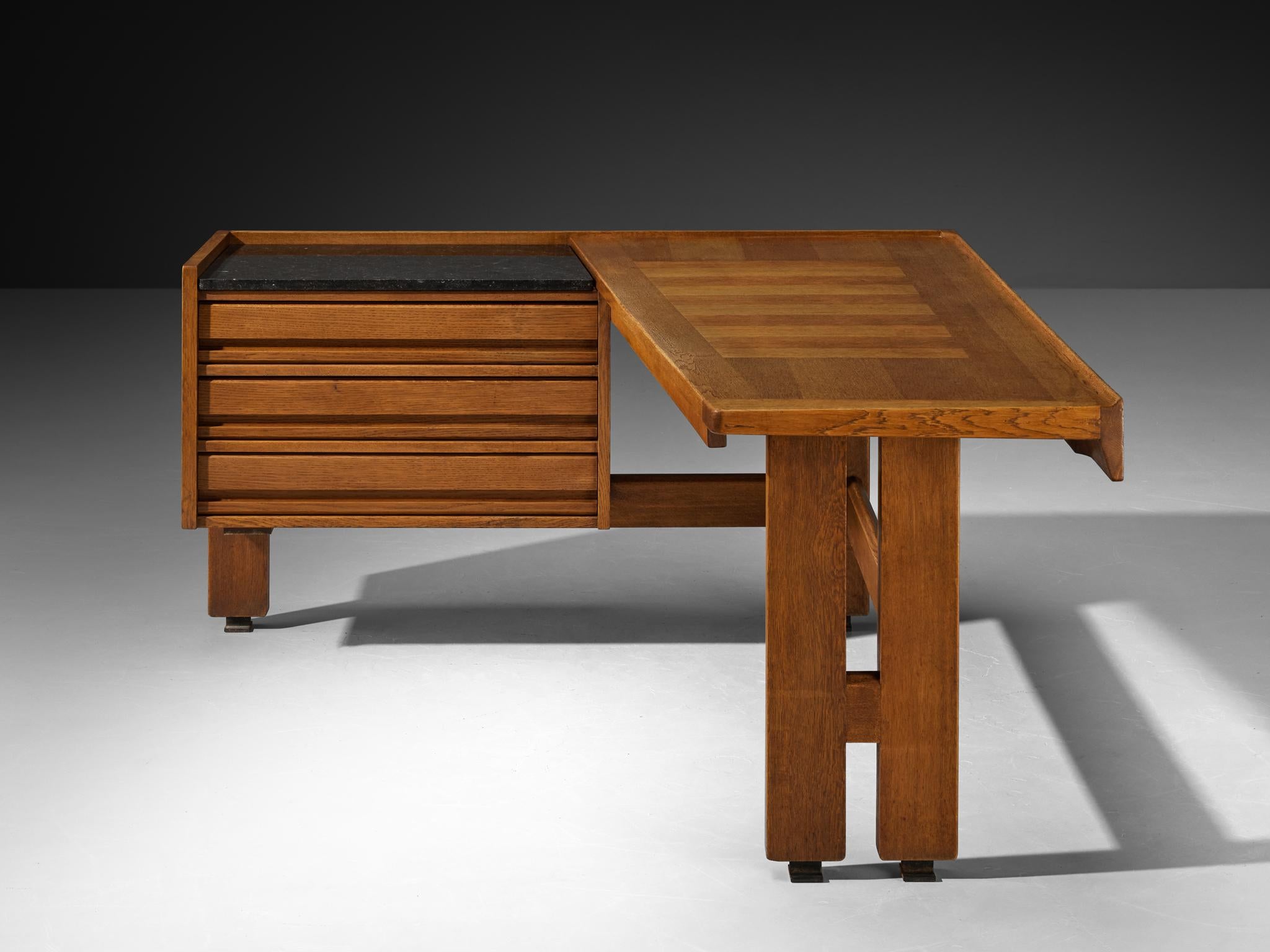Mid-Century Modern Guillerme & Chambron Corner Desk in Oak and Black Stone For Sale
