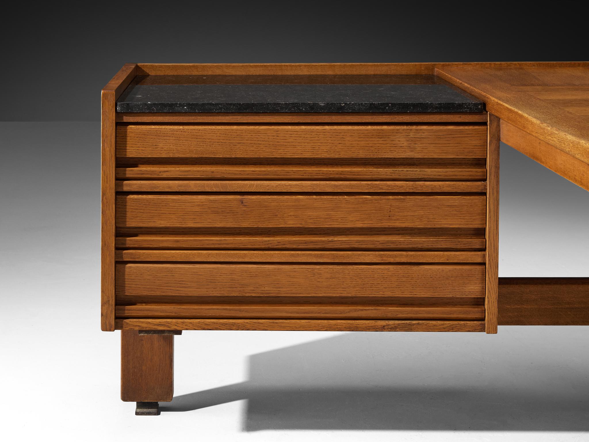French Guillerme & Chambron Corner Desk in Oak and Black Stone For Sale