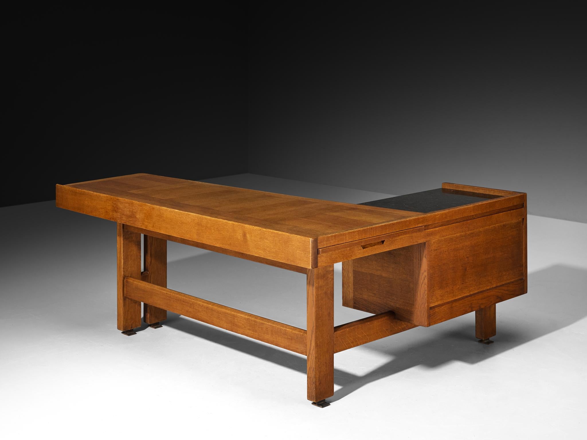 Mid-20th Century Guillerme & Chambron Corner Desk in Oak and Black Stone For Sale