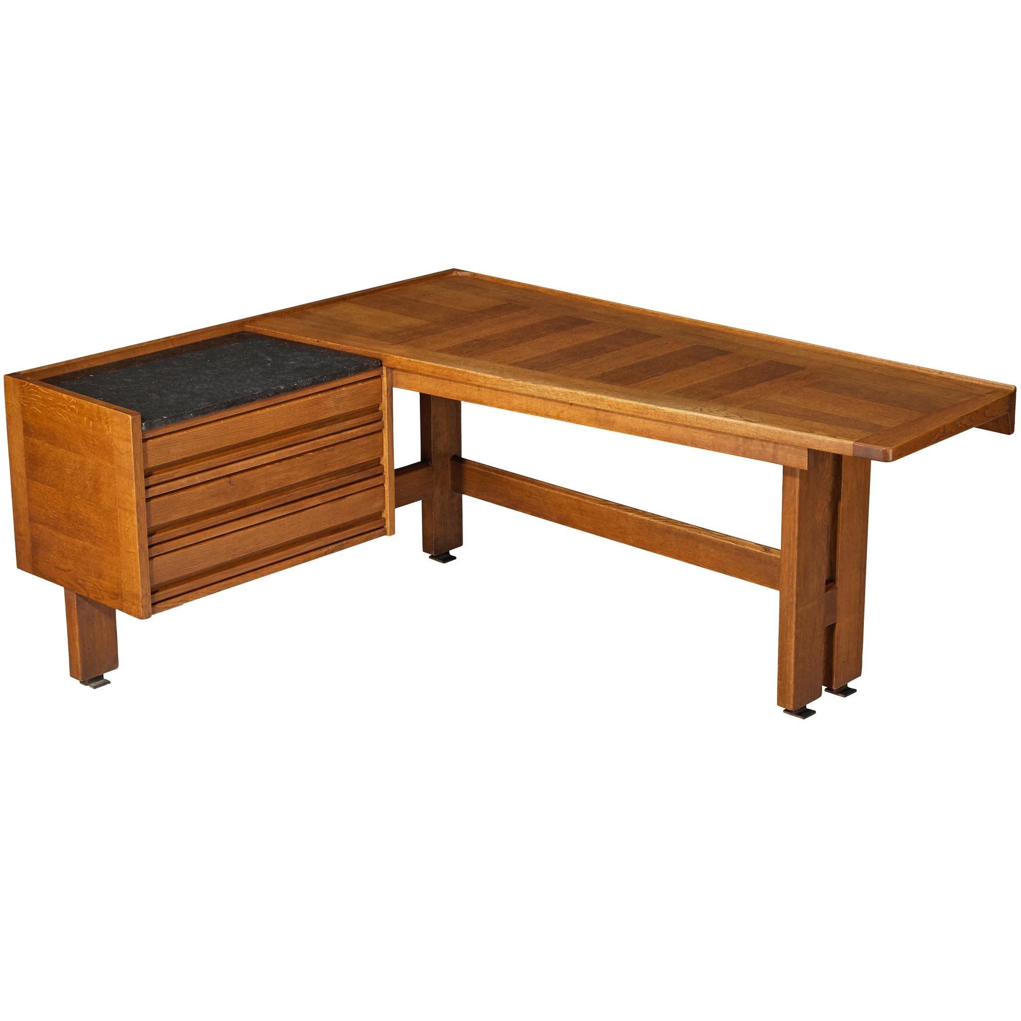 Guillerme & Chambron Corner Desk in Oak and Black Stone For Sale