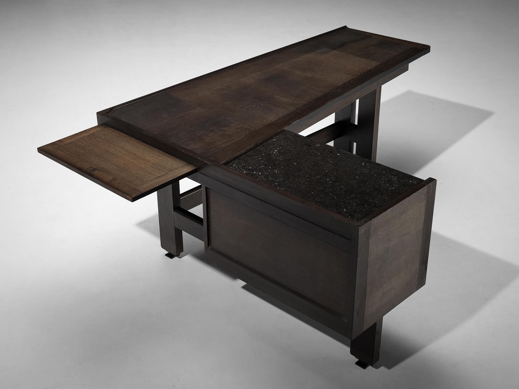 Mid-20th Century Guillerme & Chambron Corner Desk in Oak and Granite  For Sale