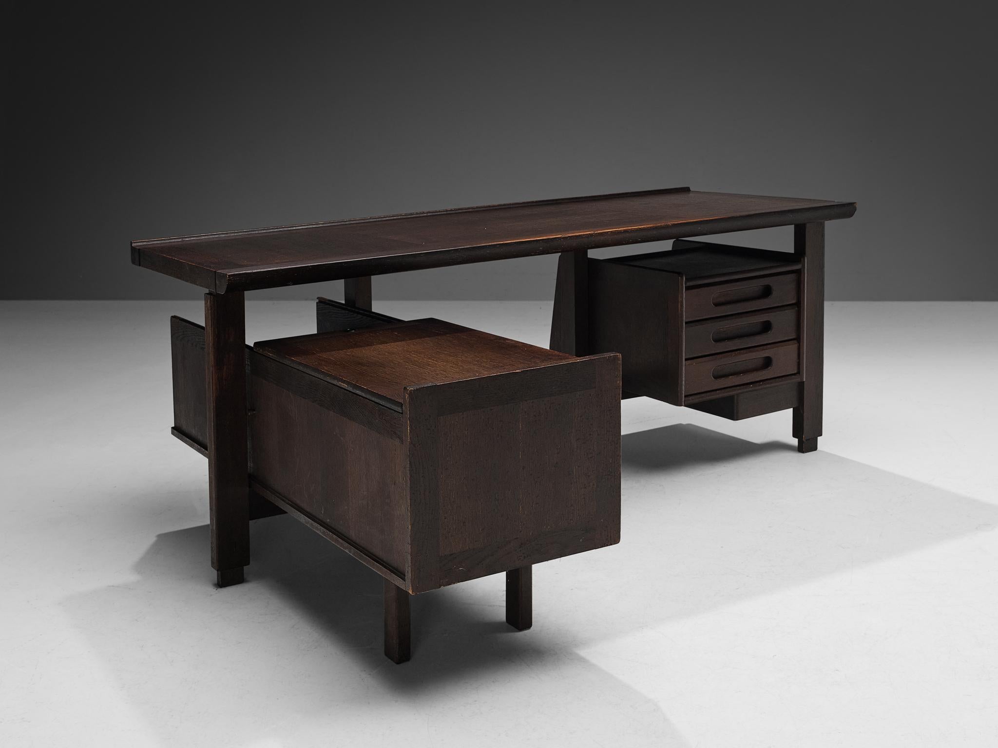 French Guillerme & Chambron Corner Desk in Stained Oak  For Sale
