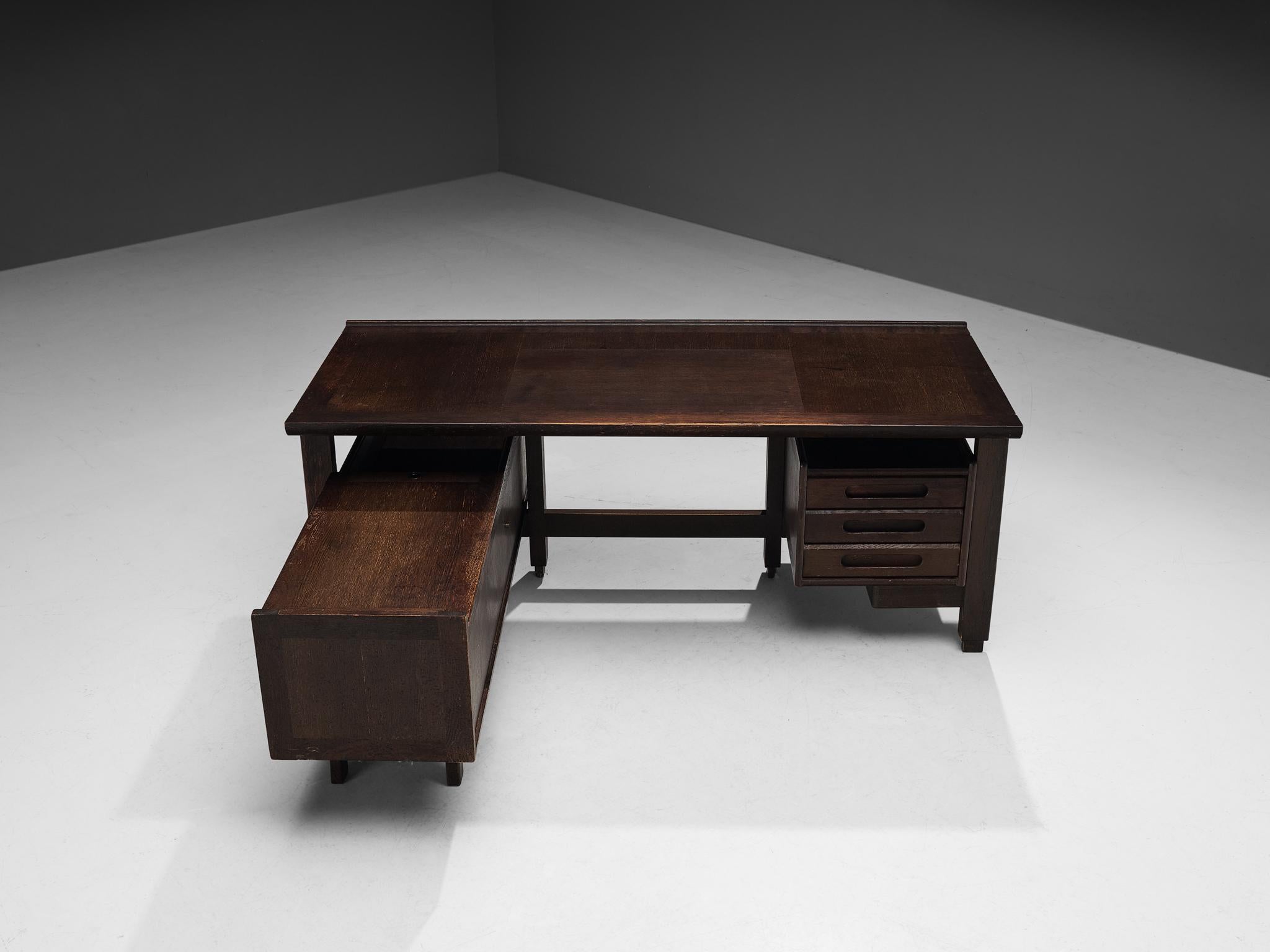 Mid-20th Century Guillerme & Chambron Corner Desk in Stained Oak  For Sale