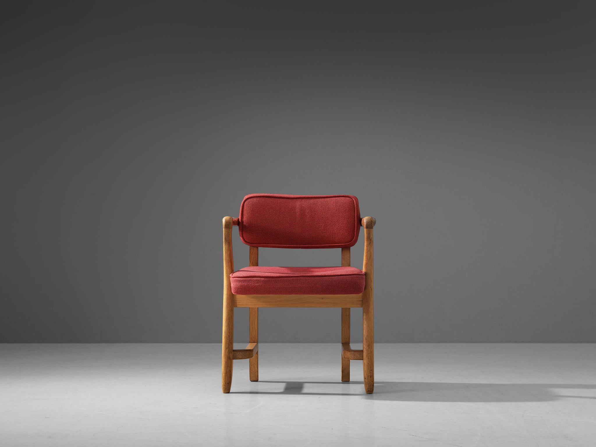 Mid-Century Modern Guillerme & Chambron 'Denis' Armchair in Oak and Coral Red Upholstery