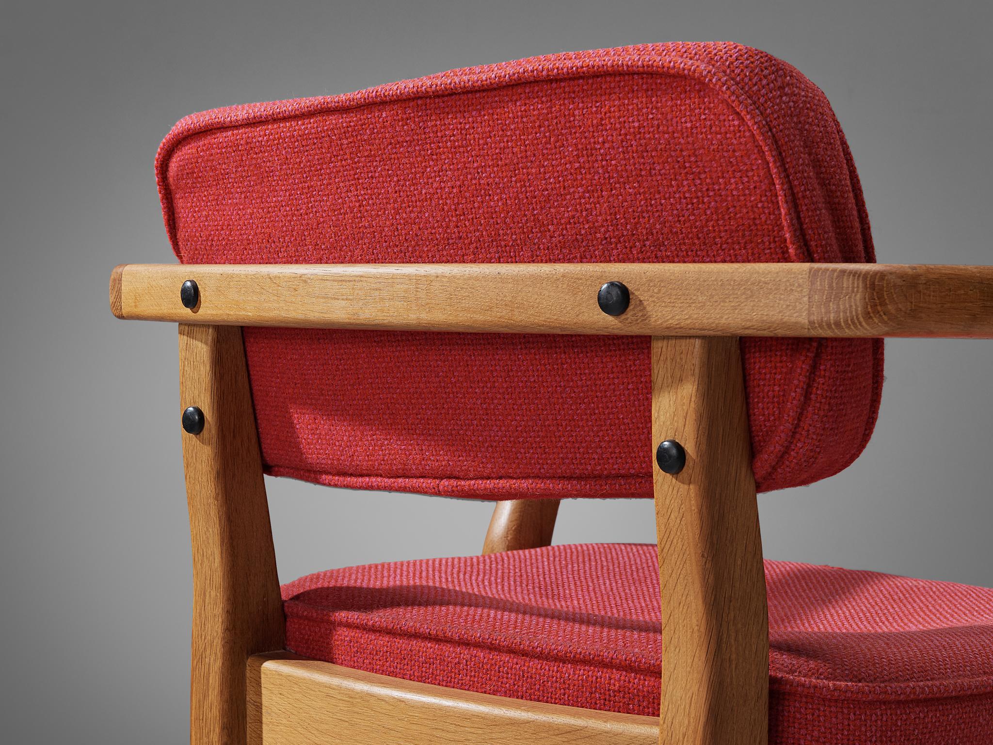 Mid-20th Century Guillerme & Chambron 'Denis' Armchair in Oak and Coral Red Upholstery