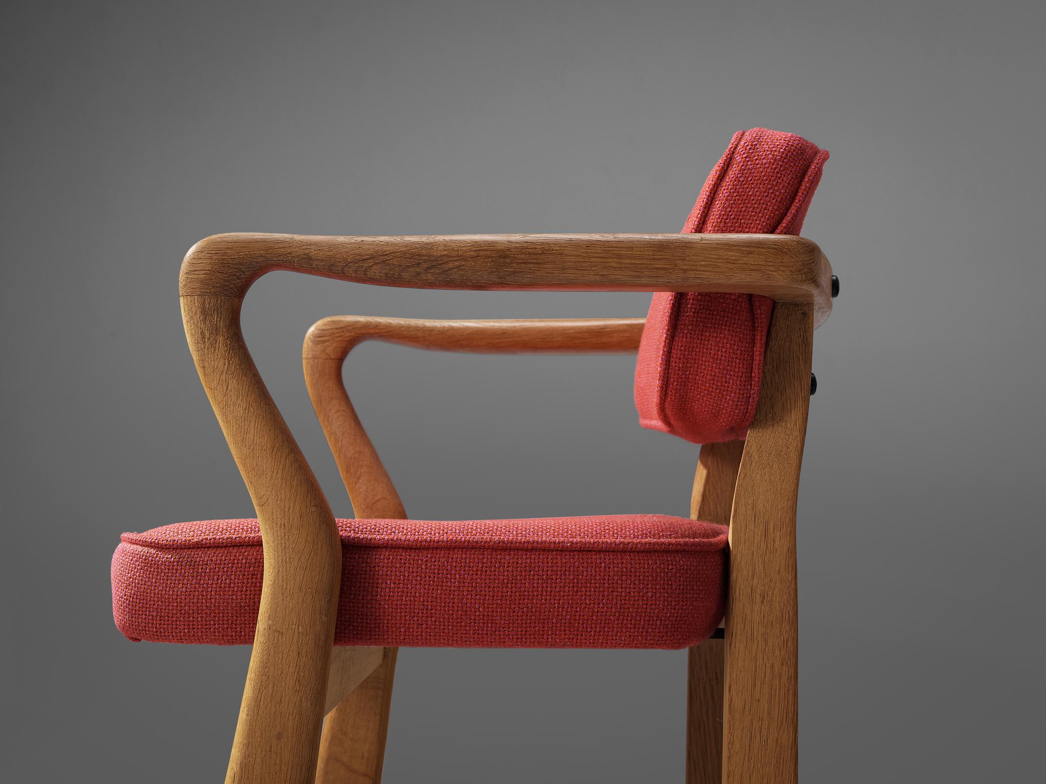 Fabric Guillerme & Chambron 'Denis' Armchair in Oak and Coral Red Upholstery