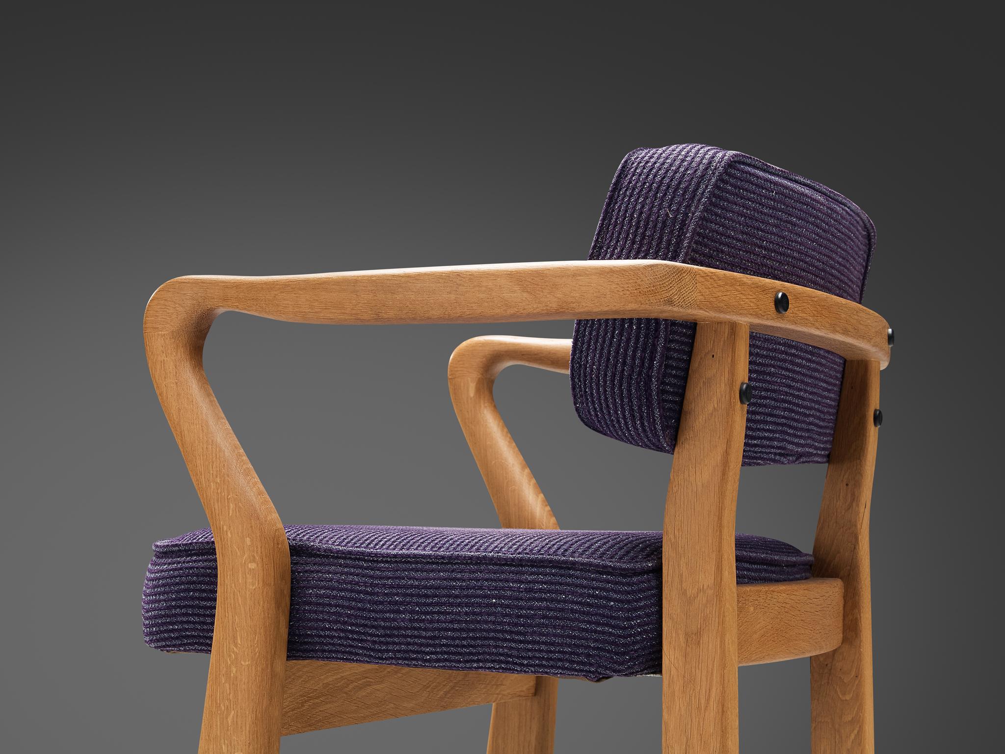 Mid-Century Modern Guillerme & Chambron 'Denis' Armchair in Oak and Purple Upholstery