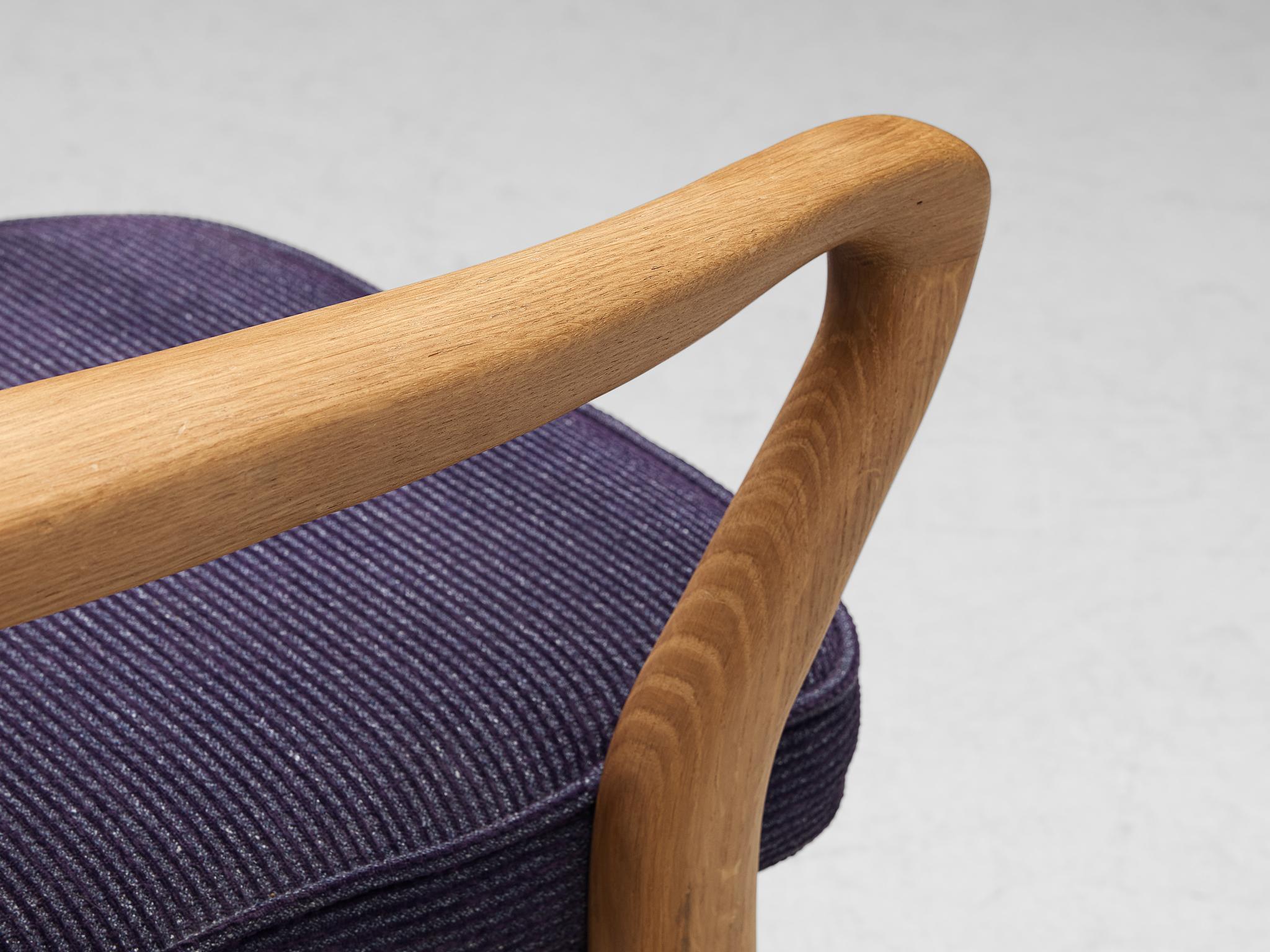 French Guillerme & Chambron 'Denis' Armchair in Oak and Purple Upholstery