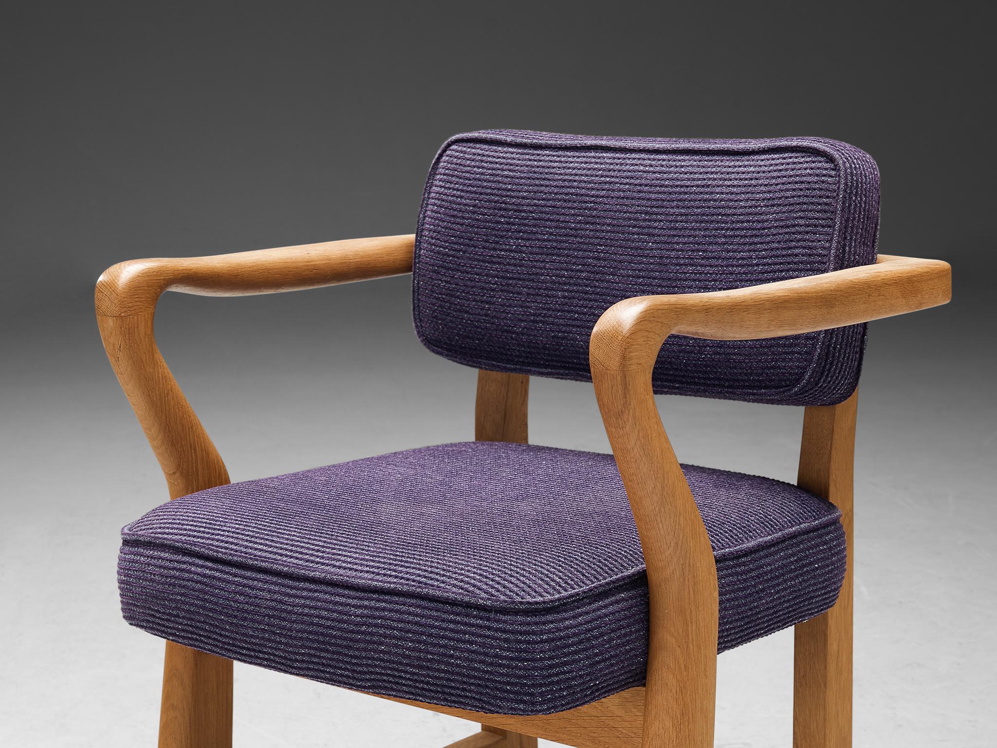 Mid-20th Century Guillerme & Chambron 'Denis' Armchair in Oak and Purple Upholstery