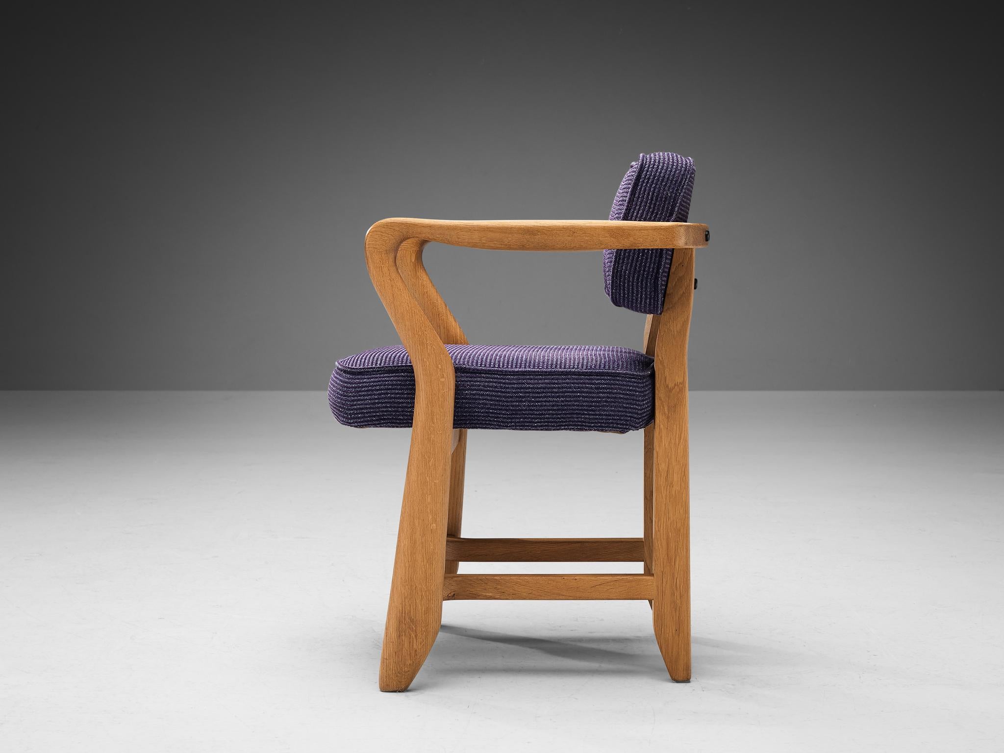 Fabric Guillerme & Chambron 'Denis' Armchair in Oak and Purple Upholstery