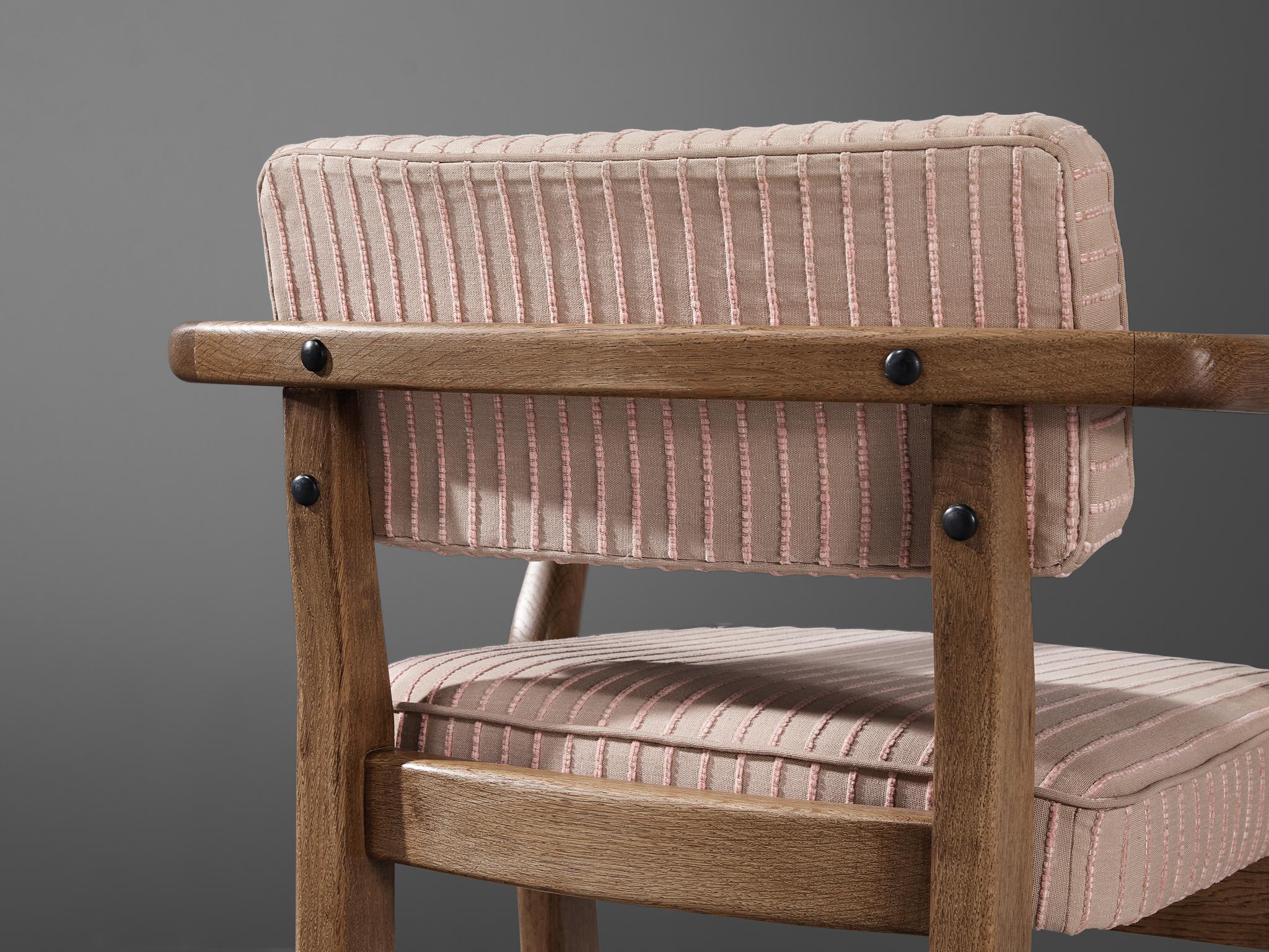 Mid-Century Modern Guillerme & Chambron 'Denis' Armchair in Oak and Soft Pink Upholstery