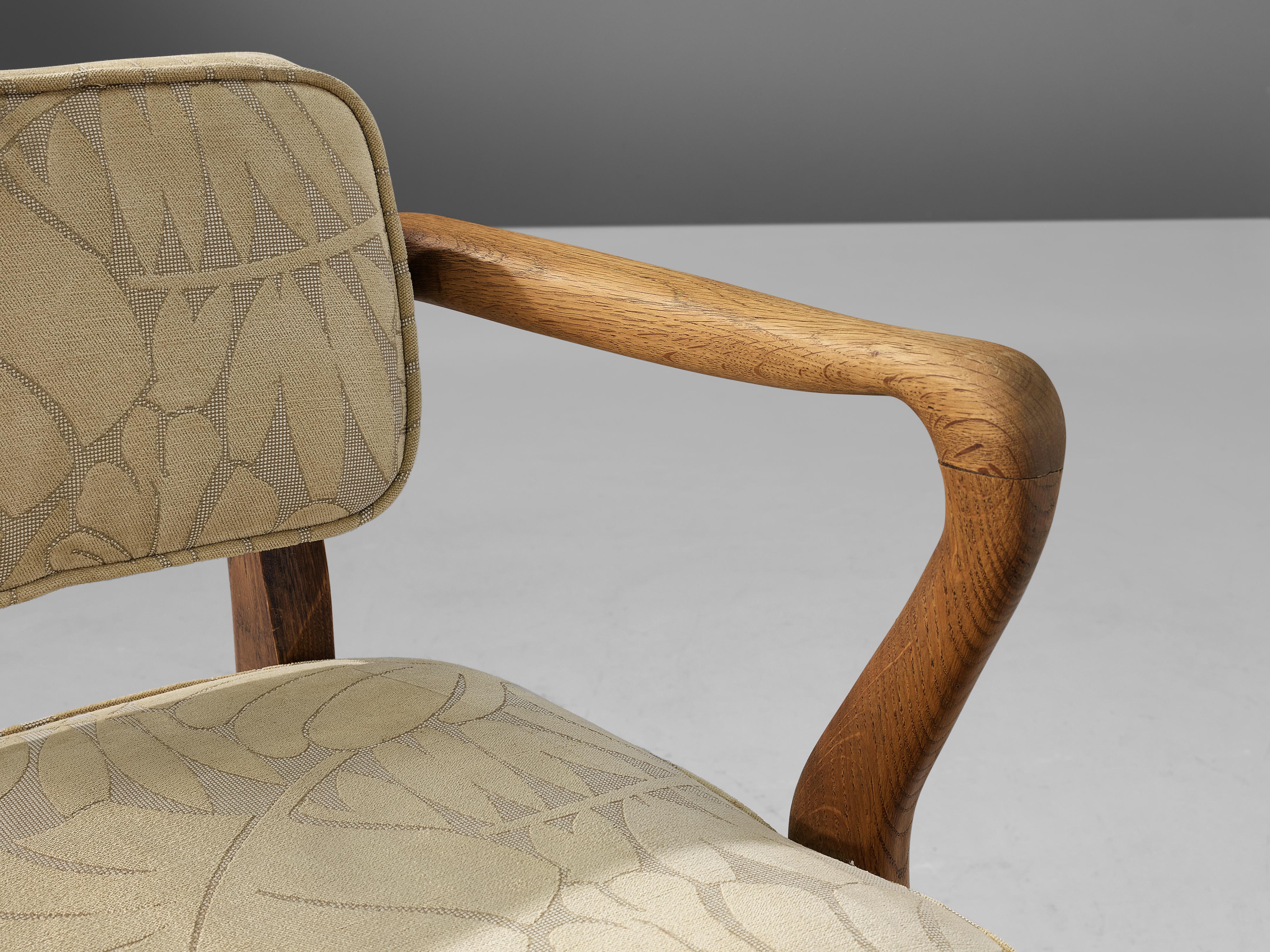 Fabric Guillerme & Chambron 'Denis' Armchair in Stained Oak