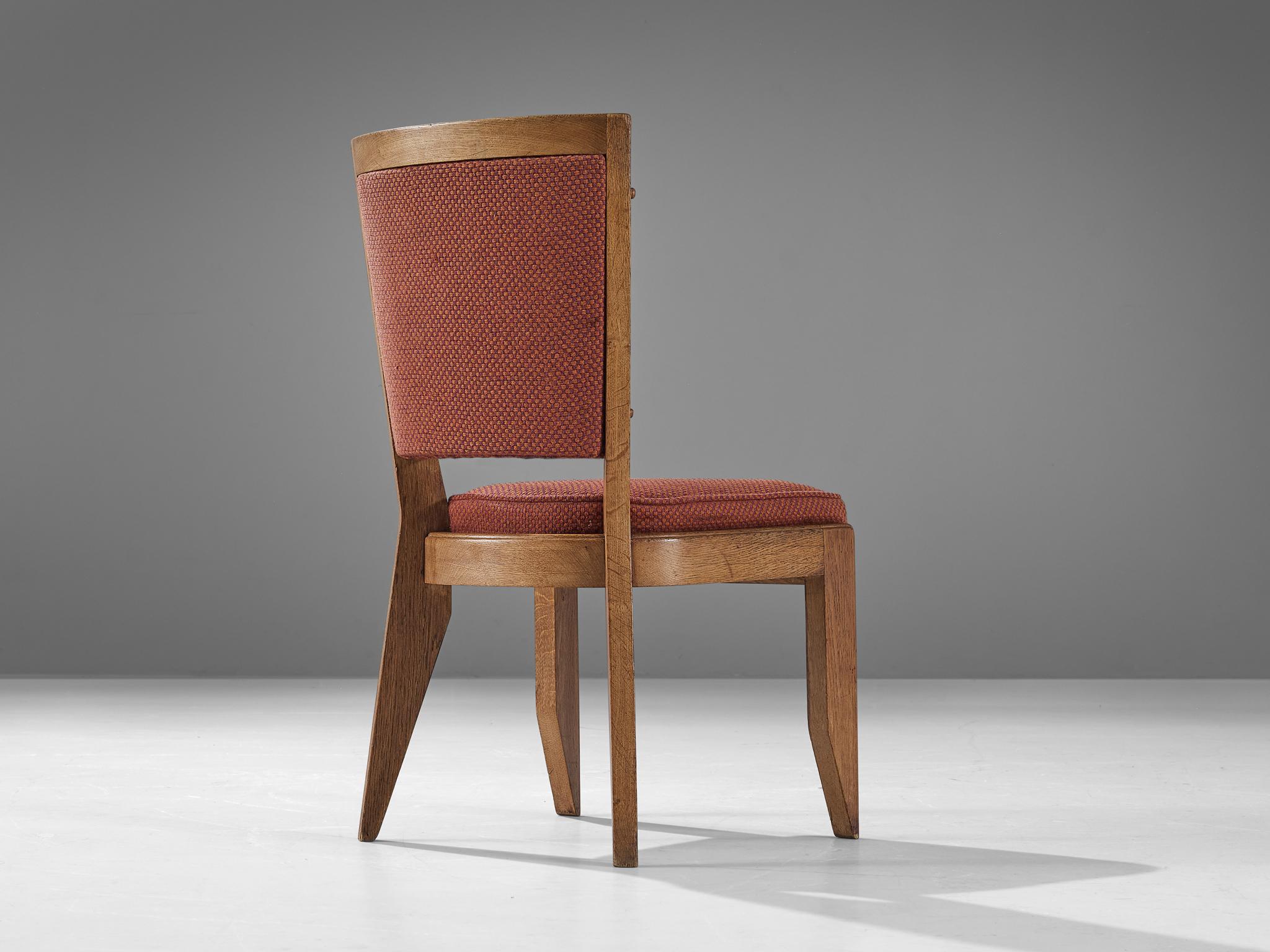 Guillerme et Chambron, dining chair, oak, fabric, France, 1960

This dining chair in solid oak is designed by the French designer duo Jacques Chambron and Robert Guillerme. This sturdy chair features beautiful sculptural legs and frame. The two