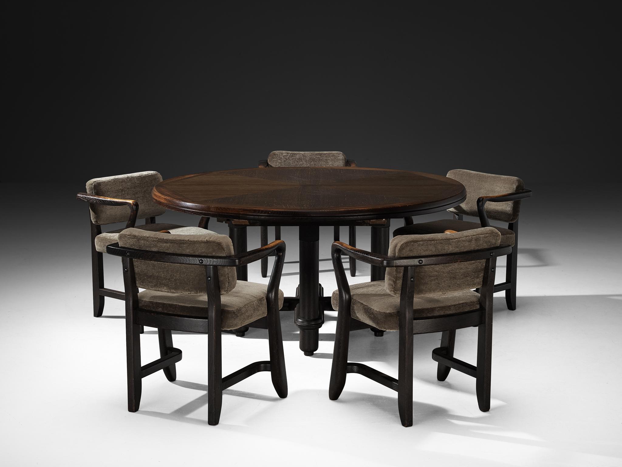 Fabric Guillerme & Chambron Dining Set with Round Table and 'Bridge Denis' Chairs For Sale