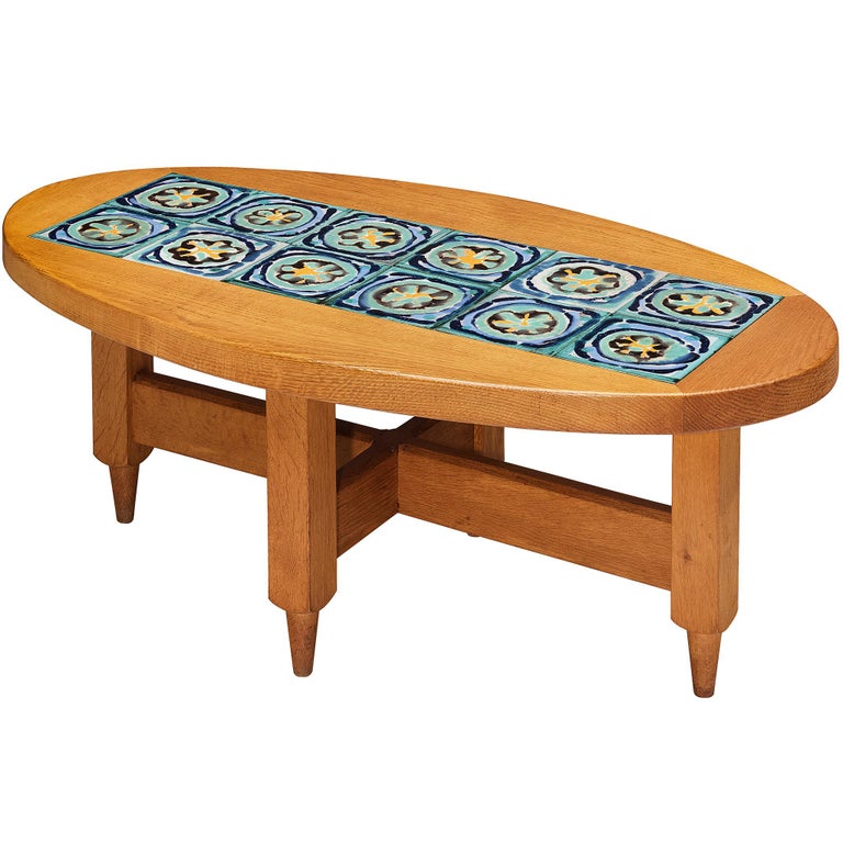 Guillerme & Chambron for Votre Maison Coffee Table in Oak and Blue Ceramic Tiles
