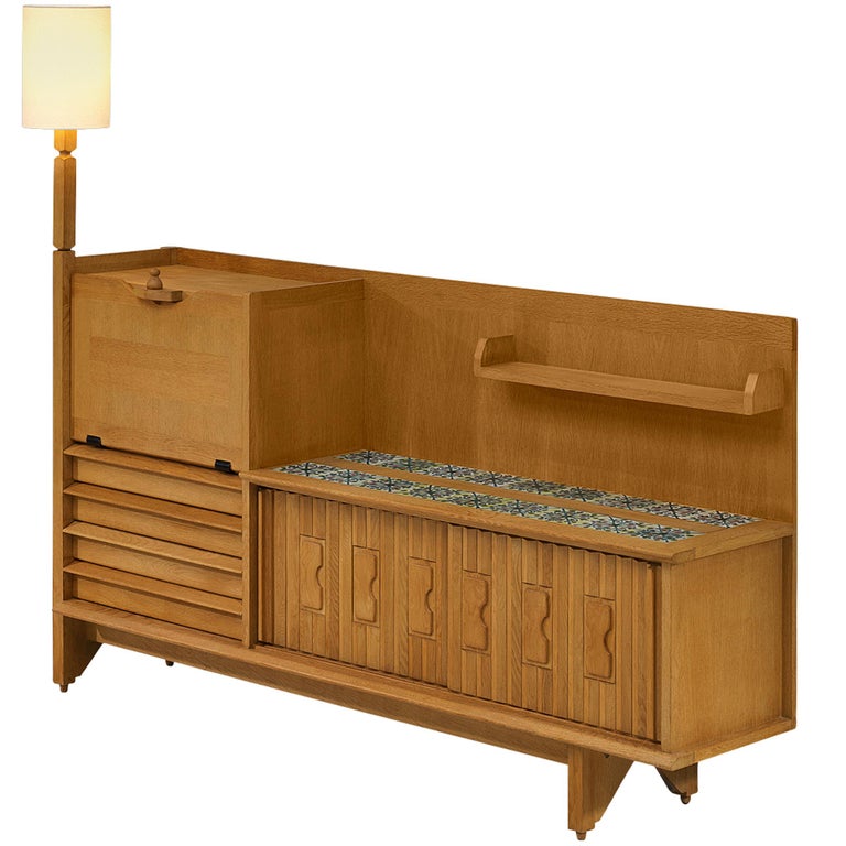 Guillerme & Chambron for Votre Maison Sideboard in Oak and Ceramic with Integrated Lamp