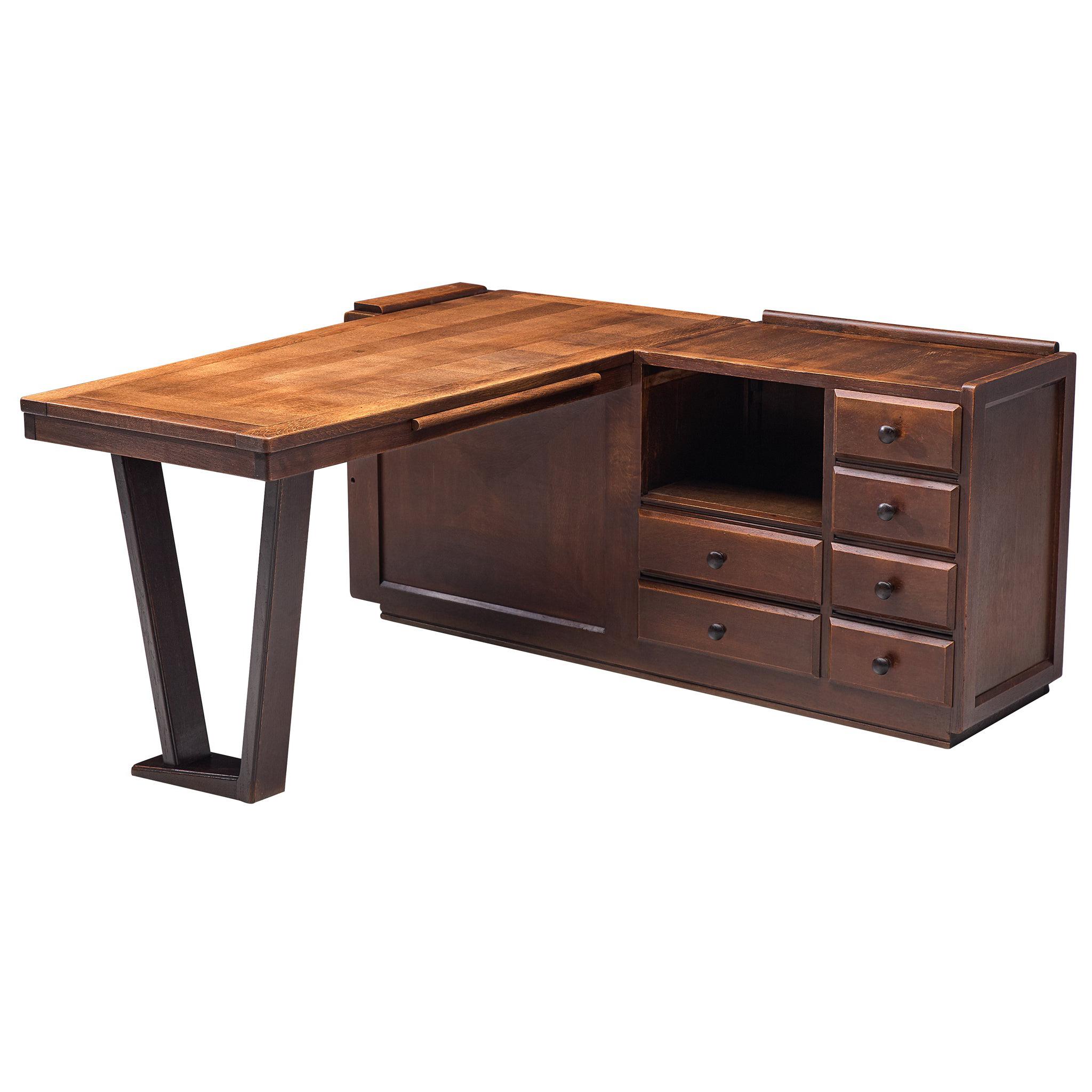 Guillerme & Chambron Free-Standing Corner Desk in Stained Oak
