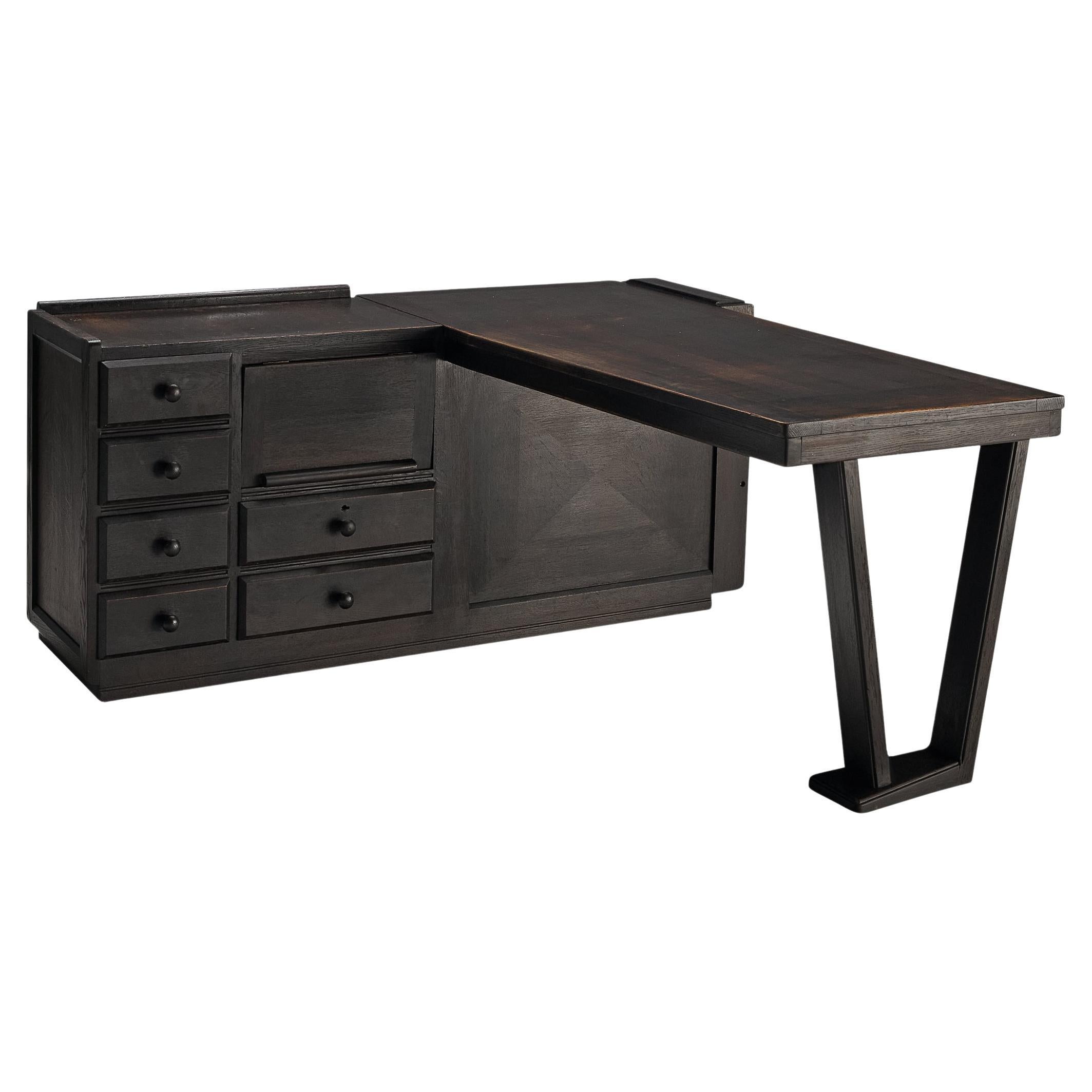 Guillerme & Chambron Free-Standing Corner Desk in Dark Stained Oak