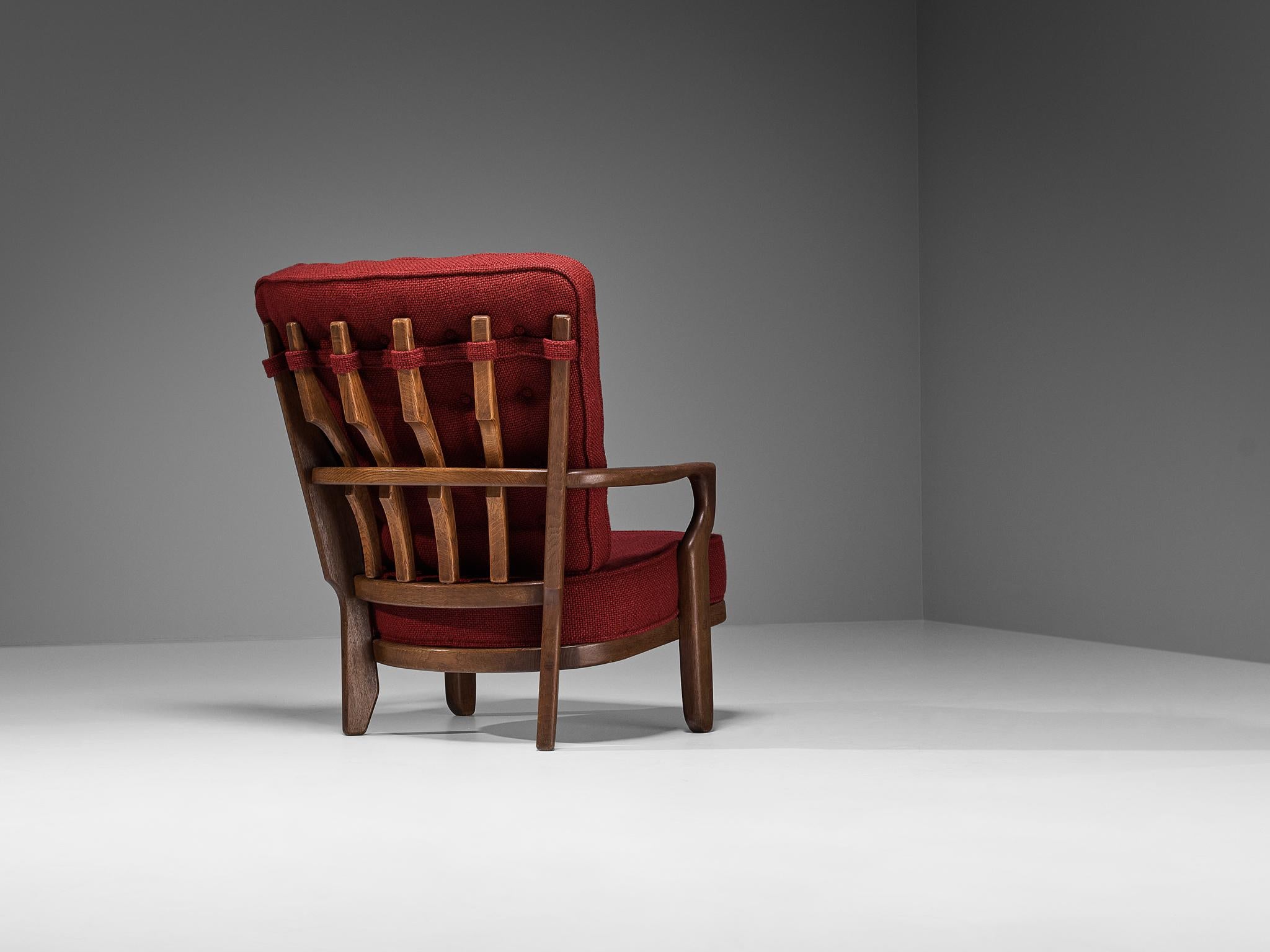 Wool Guillerme Chambron 'Mid Repos' Lounge Chair in Oak and Red Upholstery  For Sale