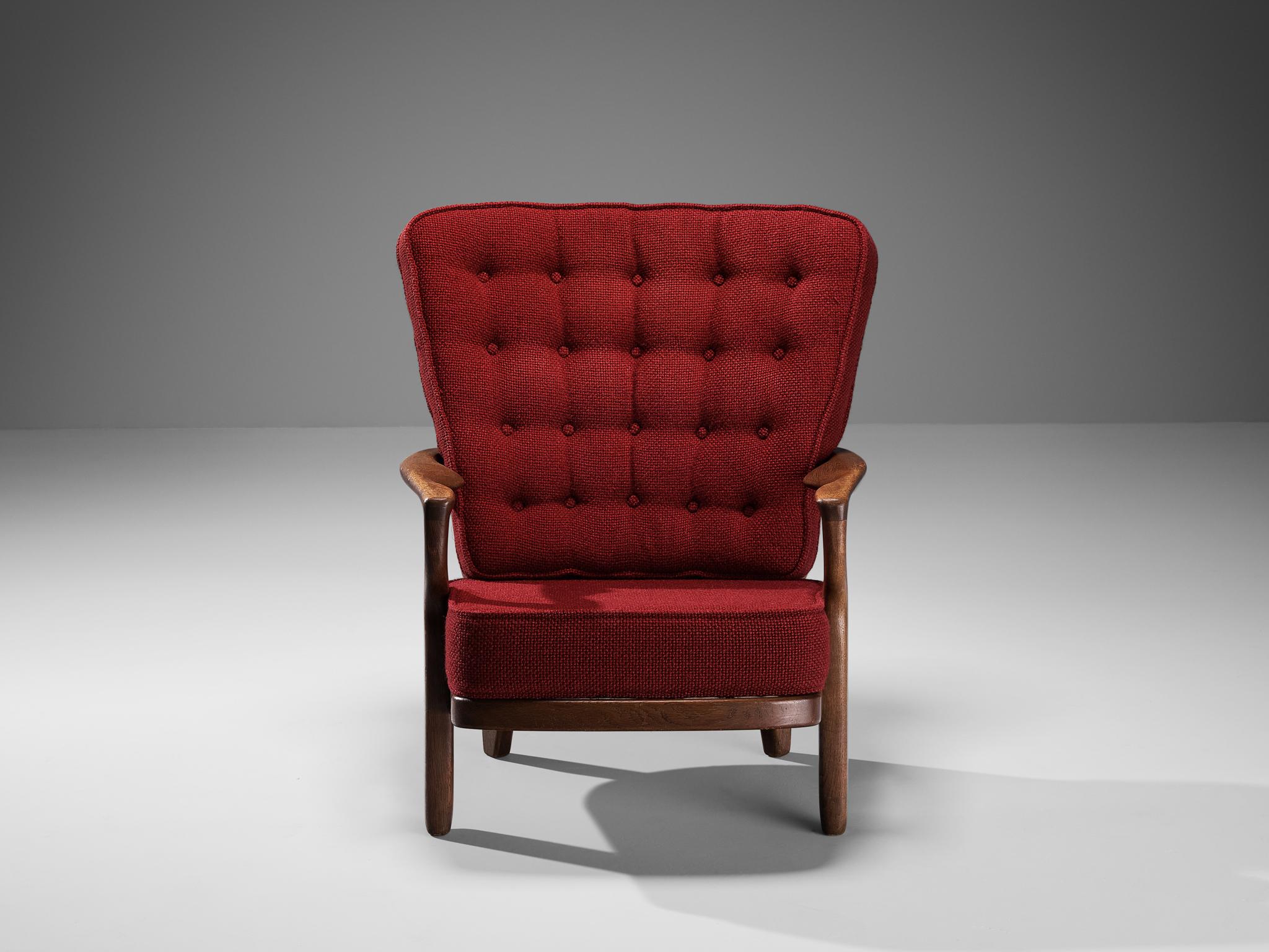 Chaise longue Mid Repos de Guillerme Chambron en chêne et tapisserie rouge  en vente 1