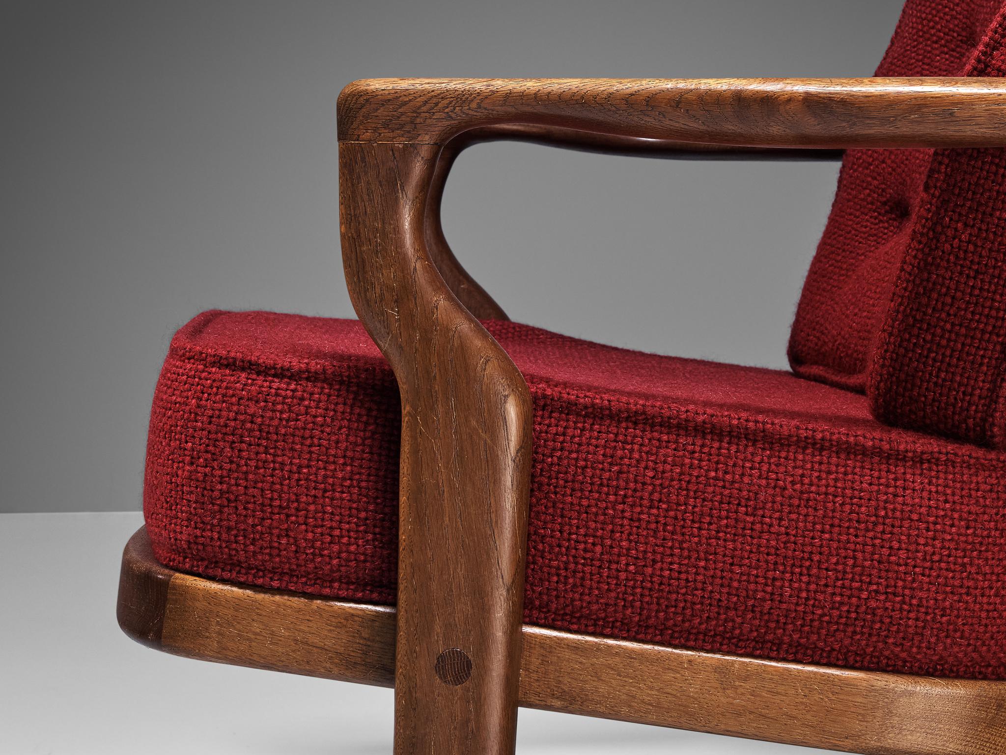 Chaise longue Mid Repos de Guillerme Chambron en chêne et tapisserie rouge  en vente 2