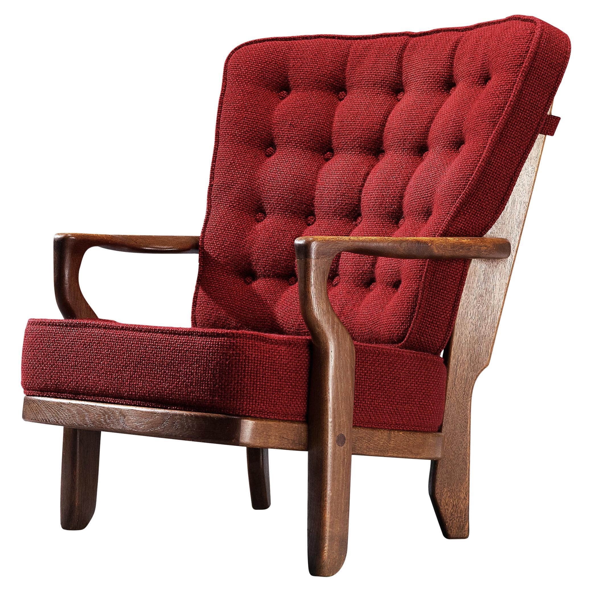 Chaise longue Mid Repos de Guillerme Chambron en chêne et tapisserie rouge  en vente