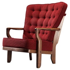 Vintage Guillerme Chambron 'Mid Repos' Lounge Chair in Oak and Red Upholstery 