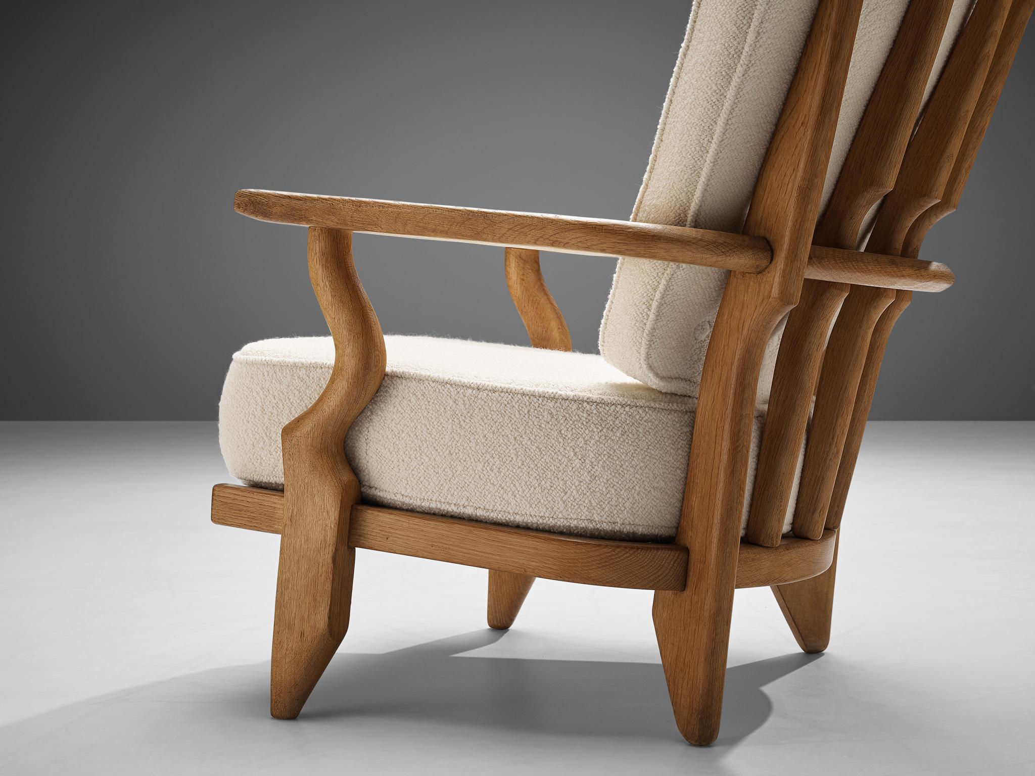 Fabric Guillerme & Chambron 'Grand Repos' Lounge Chair in Oak and White Upholstery 