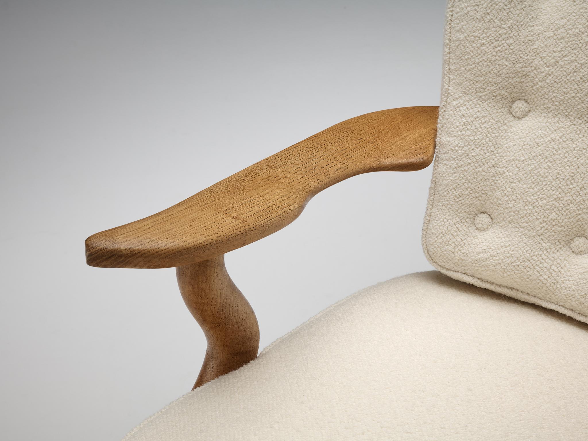 Fabric Guillerme & Chambron 'Grand Repos' Lounge Chair in Oak and White Upholstery 