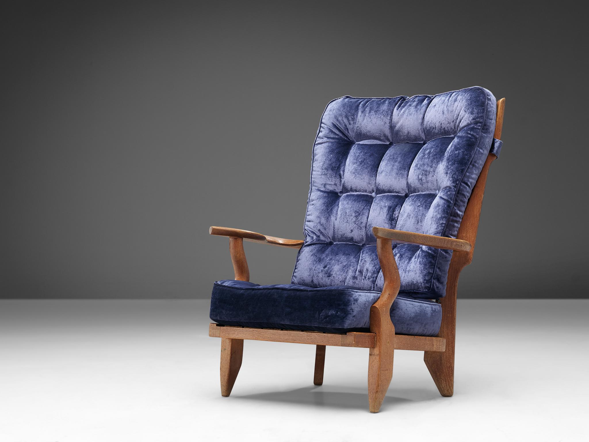 Mid-Century Modern Guillerme & Chambron 'Grand Repos' Lounge Chair in Purple Blue Velvet  For Sale