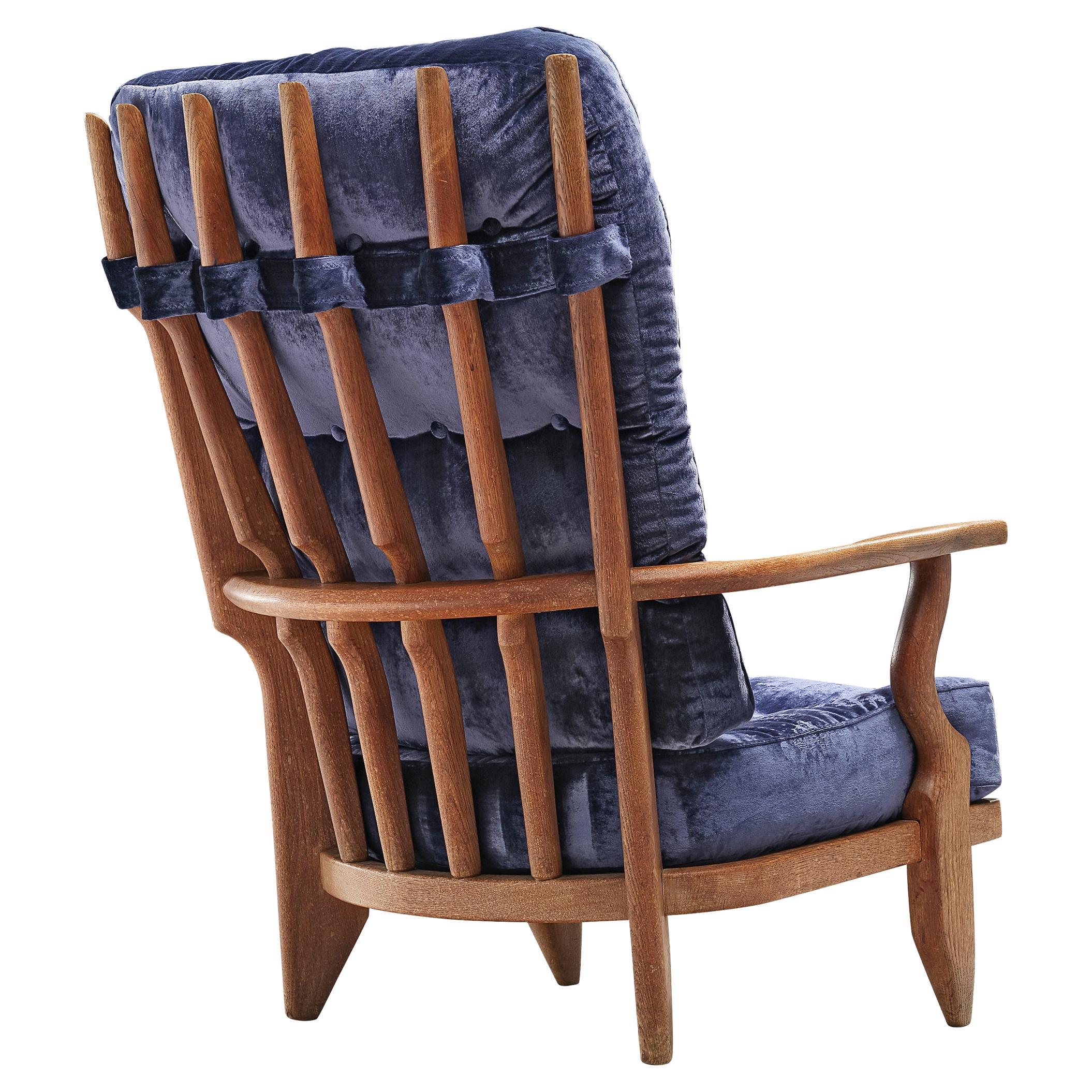 Guillerme & Chambron 'Grand Repos' Lounge Chair in Purple Blue Velvet  For Sale