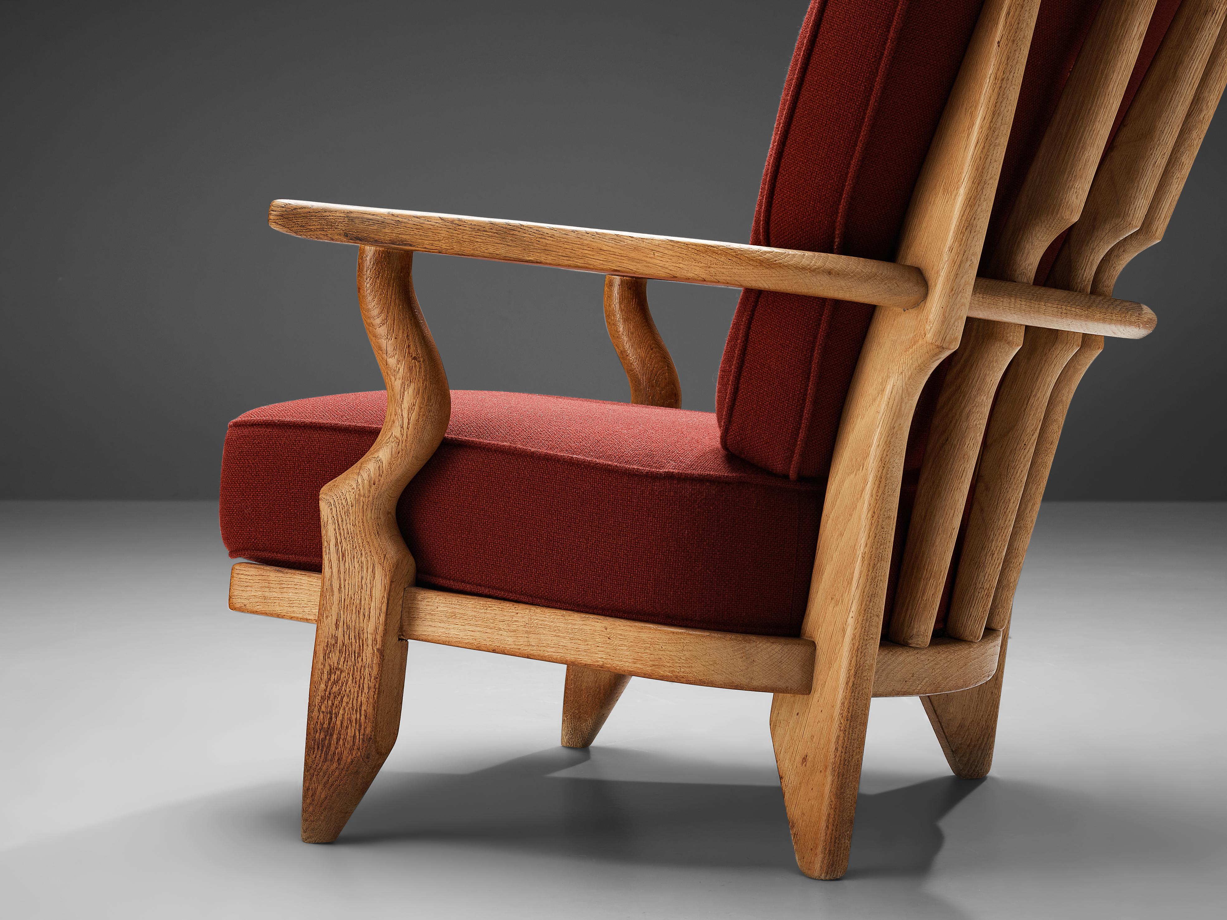 Guillerme & Chambron 'Grand Repos' Lounge Chair in Red Upholstery and Oak  In Good Condition For Sale In Waalwijk, NL